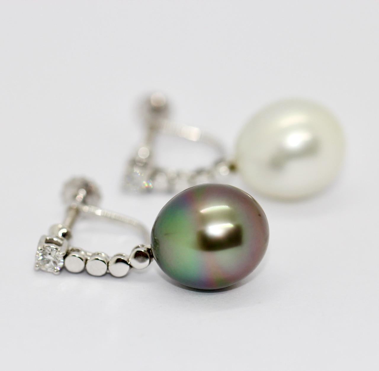 Diamond Gold Earrings set with white and gray South Sea Pearl, Tahitian Pearl For Sale 3