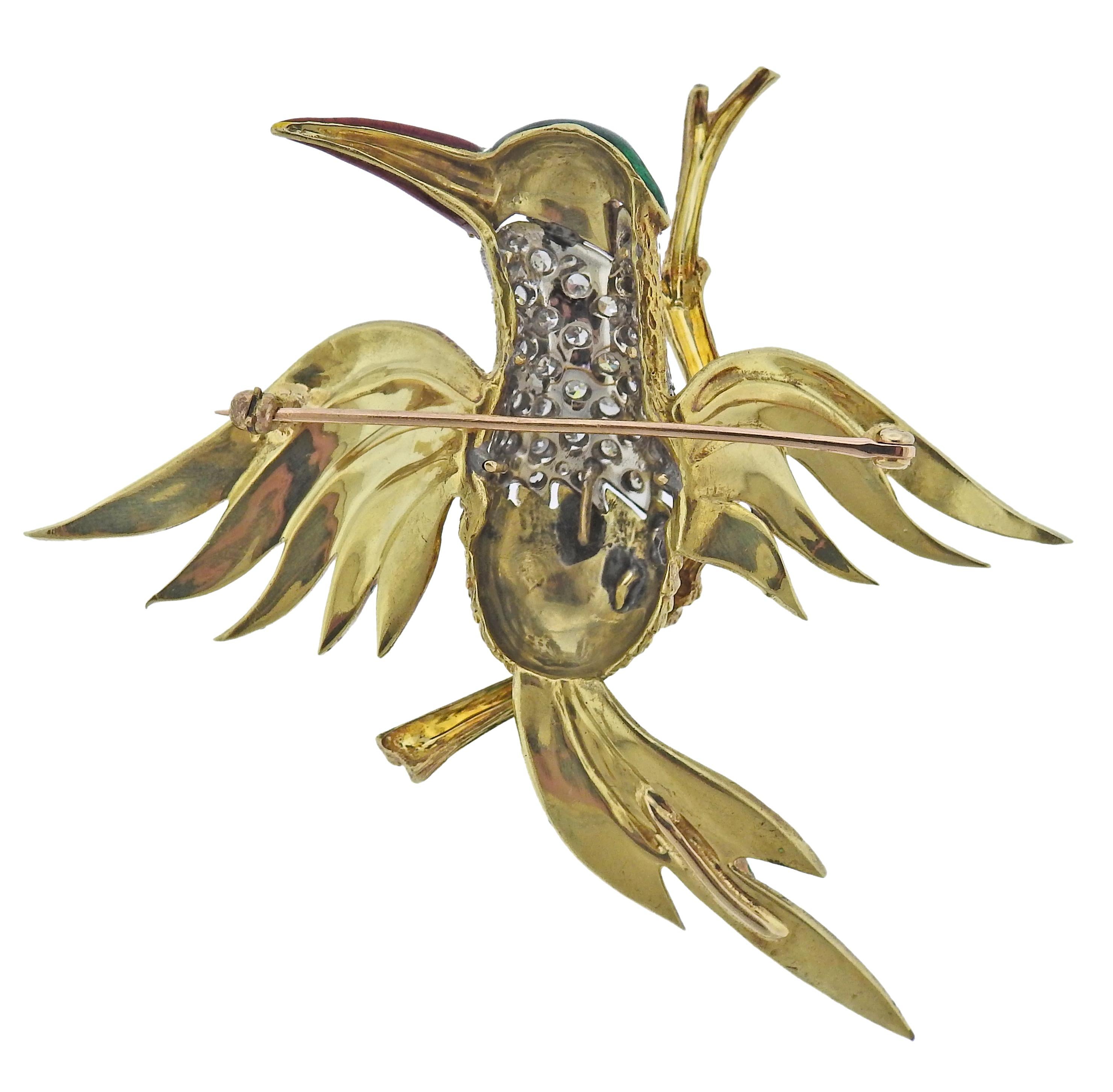 Taille ronde Broche oiseau en émail doré avec diamants en vente