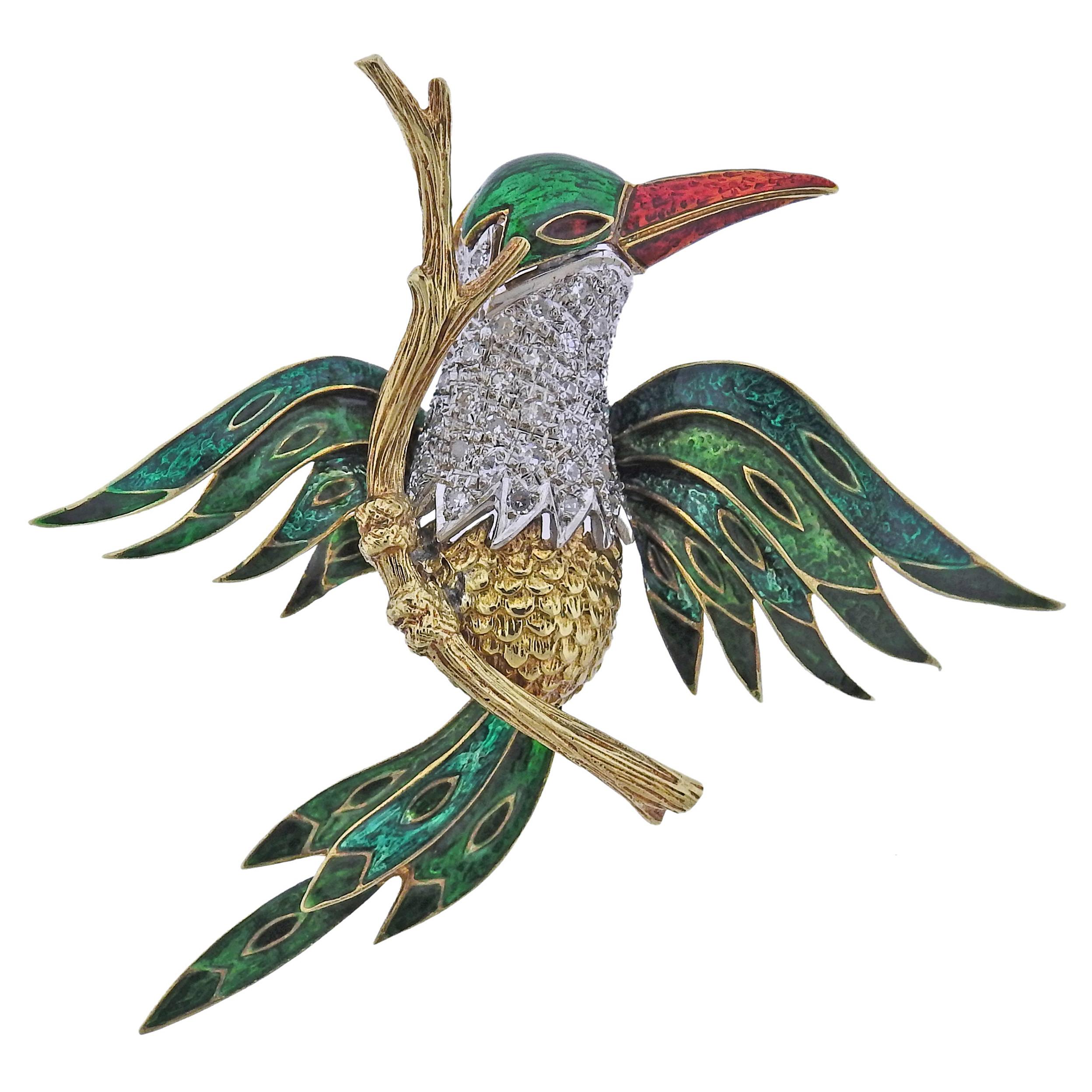 Diamond Gold Enamel Bird Brooch Pin