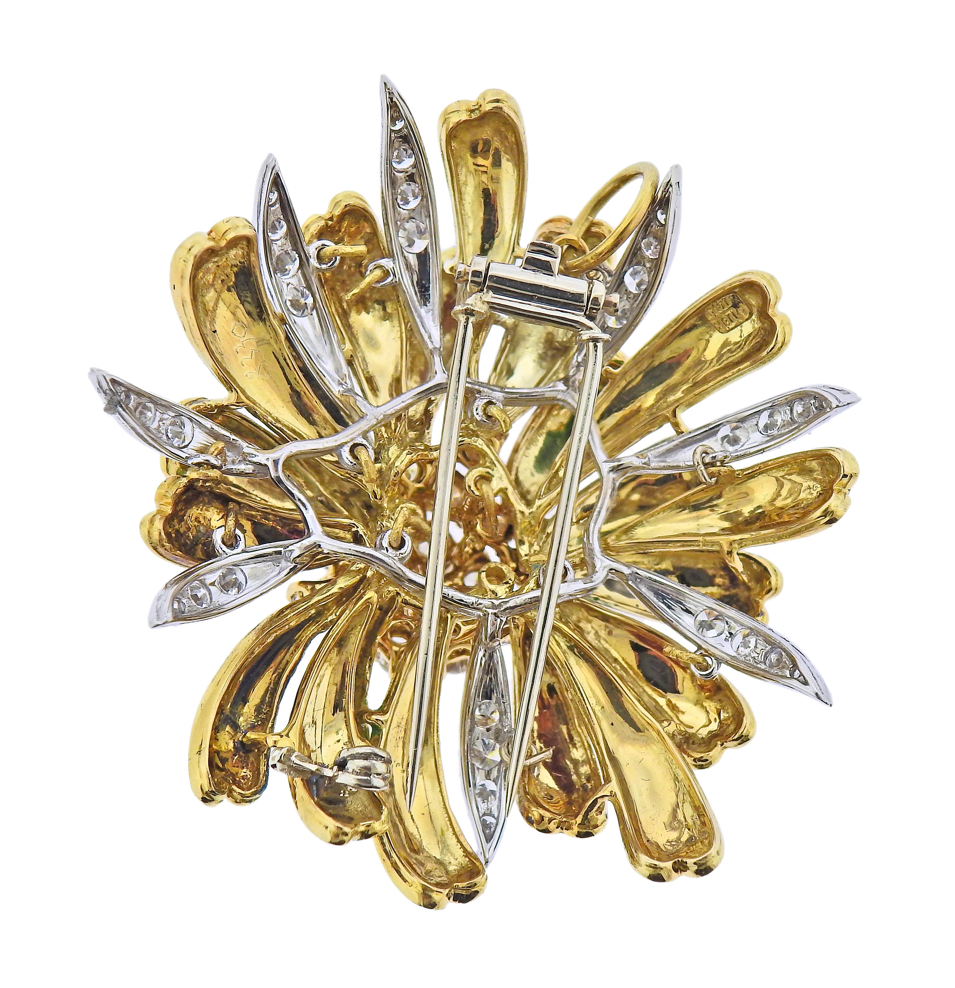 Large Italian-made 18k gold brooch with hidden bale. Adorned with multi color enamel (minor loss is present) and approx 2.40ctw in diamonds. Brooch is 46mm x 55mm. Marked: M 18k, Italy. Weight - 40.7 grams. 