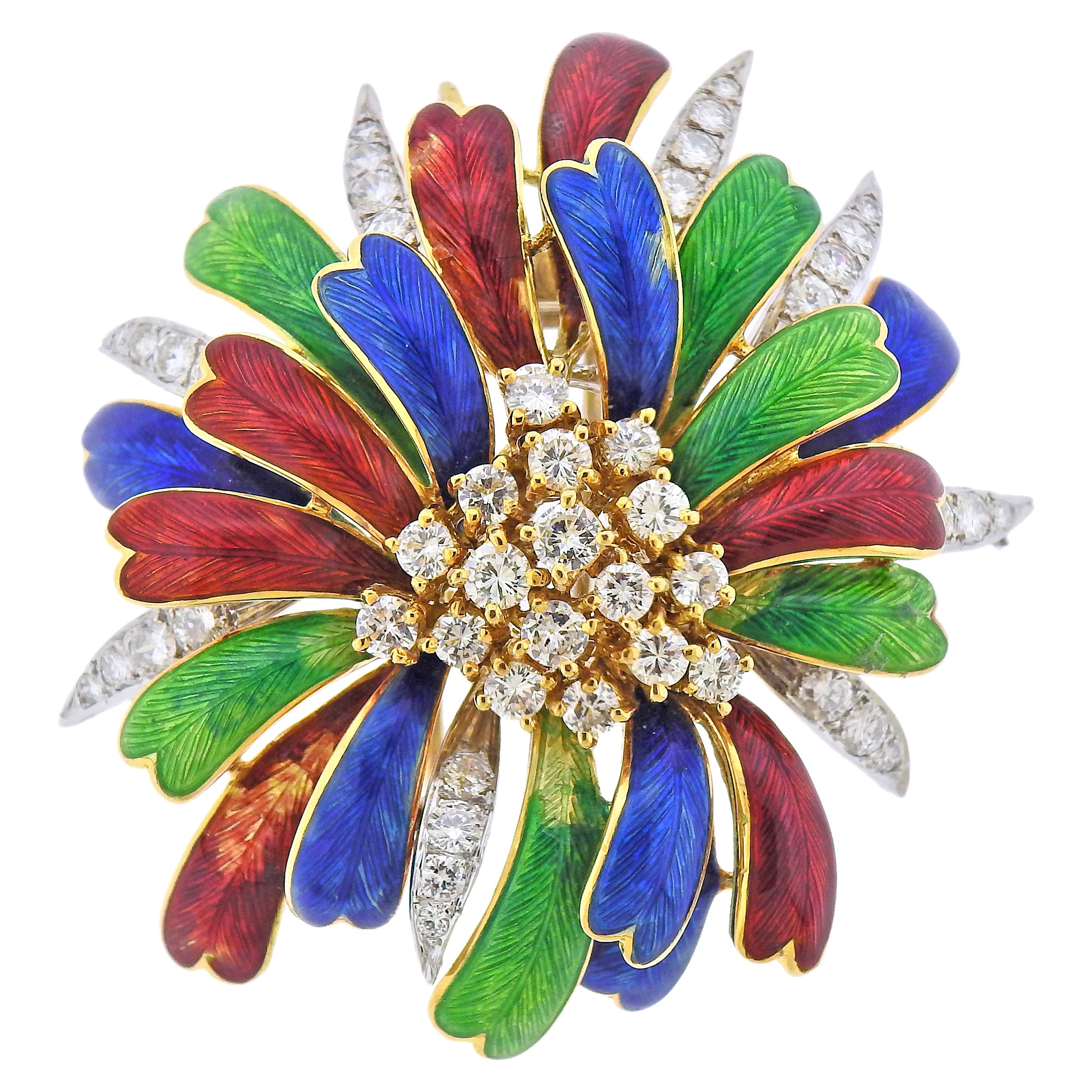 Diamond Gold Enamel Large Brooch Pendant For Sale