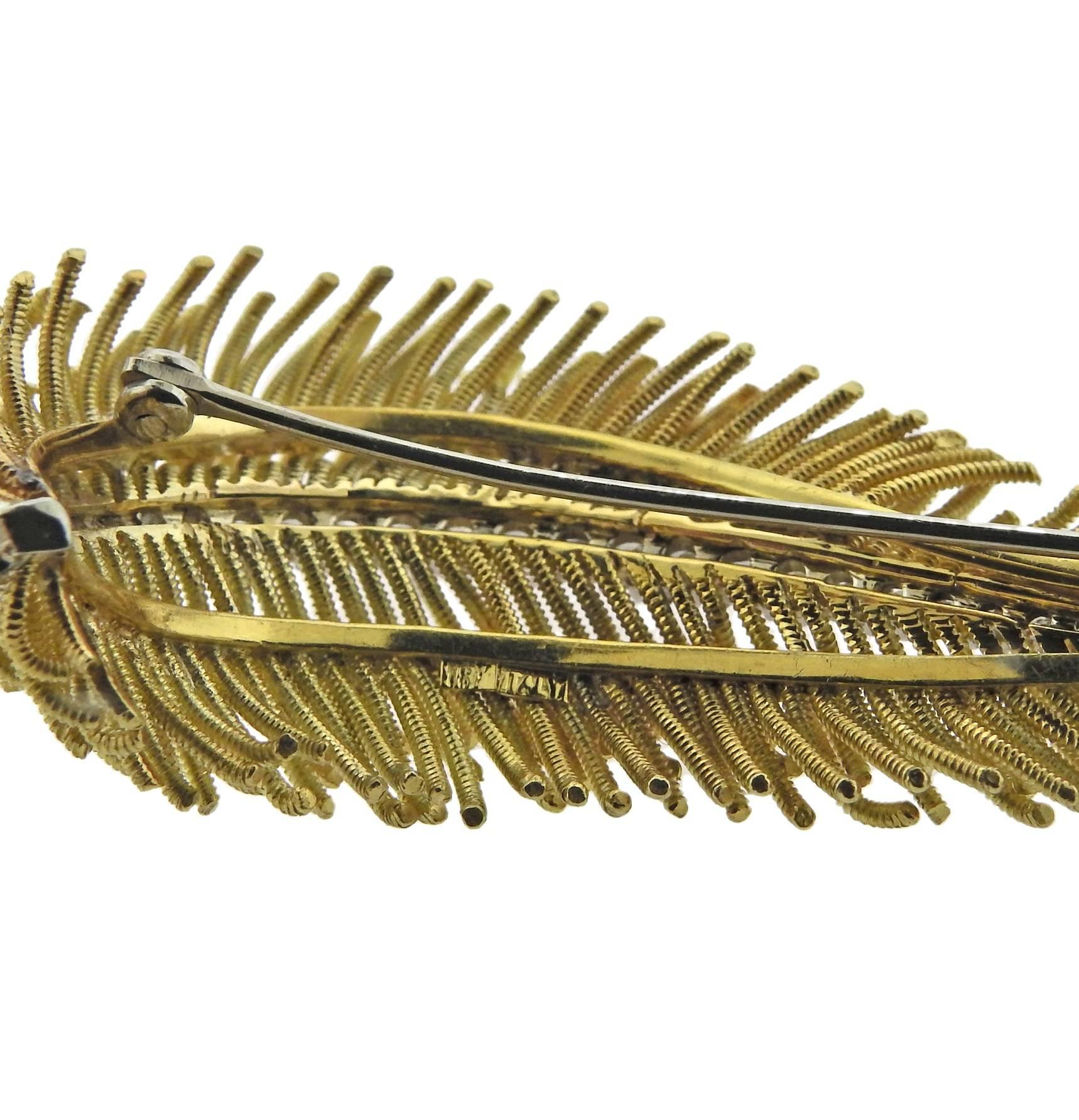 Women's Diamond Gold Feather Brooch Pin