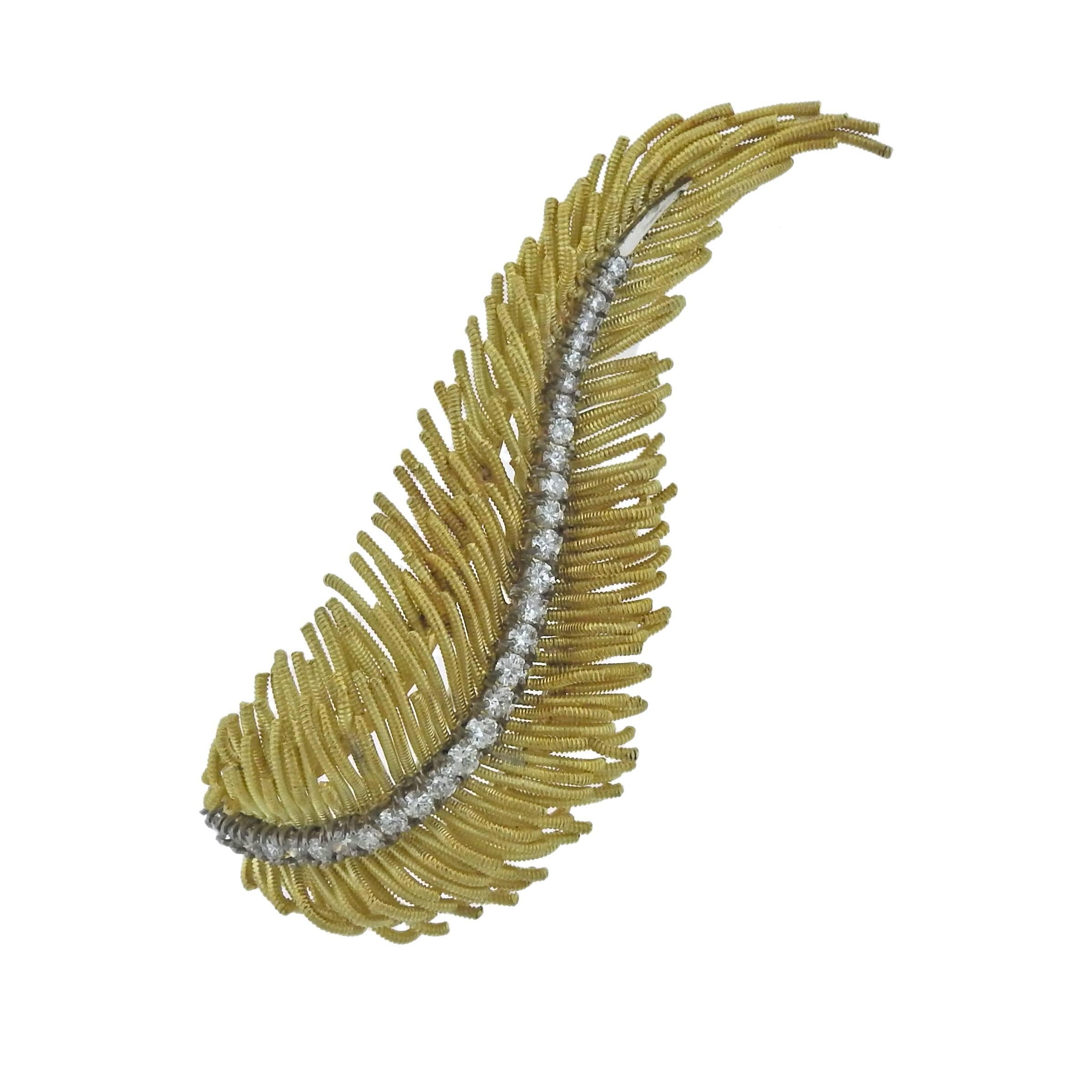 Diamond Gold Feather Brooch Pin