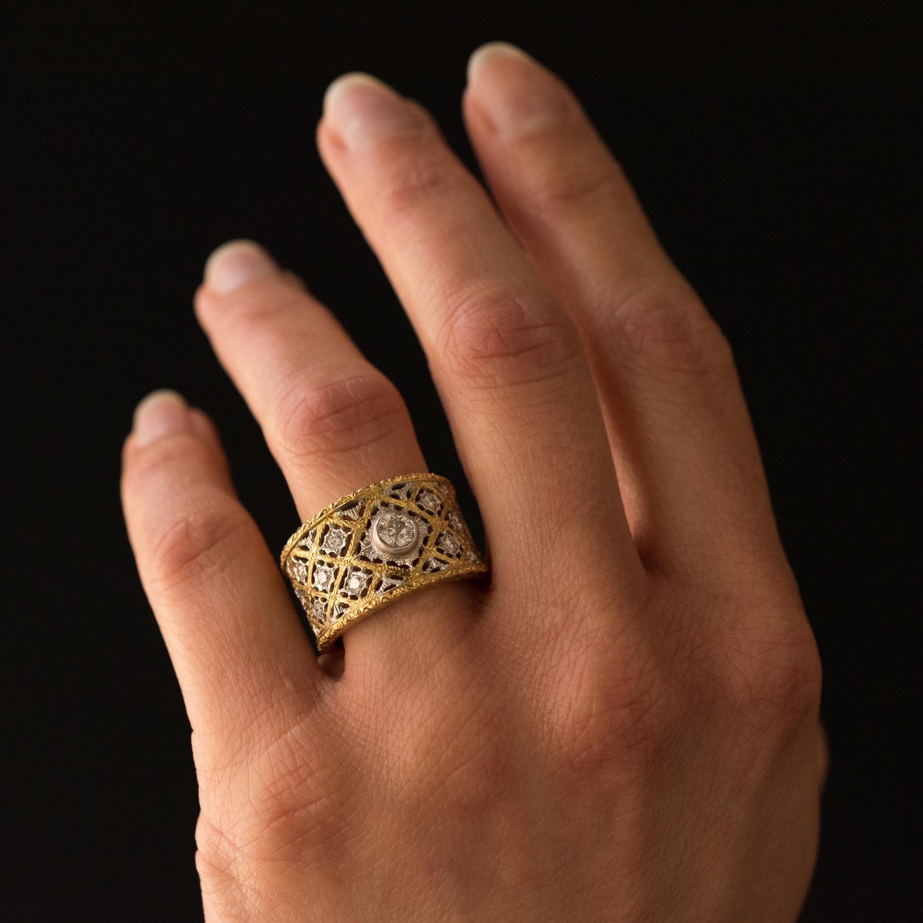 Diamond Gold Filigree Large Band Ring In New Condition In Poitiers, FR