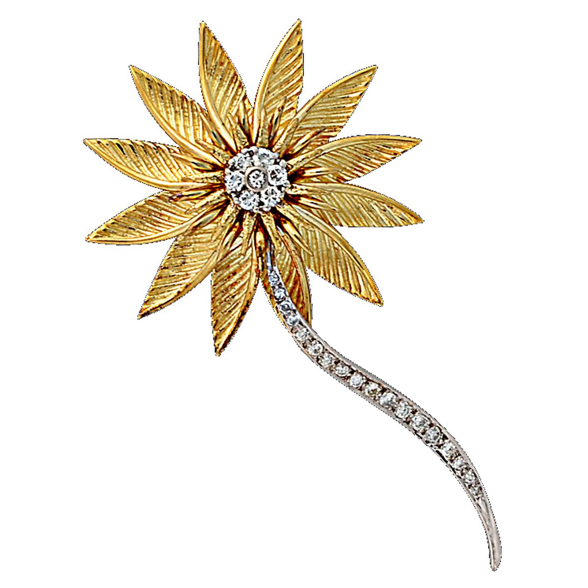 .55 Carats of Round Brilliant Cut and Single Cut Diamonds, G Color, VS Clarity, Set into Platinum and 18 Karat Yellow Gold.

Weight: 15.31 grams

This Brooch is Accompanied by a Retail Appraisal Performed by an Accredited Gemologist.