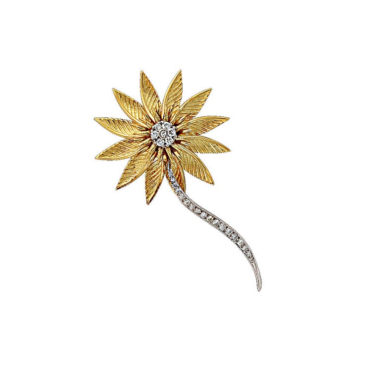 Brilliant Cut Diamond Gold Flower Brooch For Sale