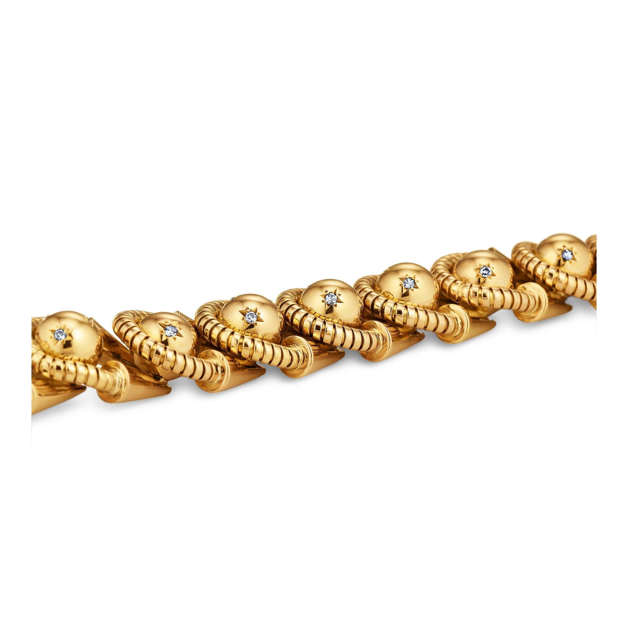 Diamant Gold Französisch 1930er Jahre Coil and Ball-Armband (Retro) im Angebot