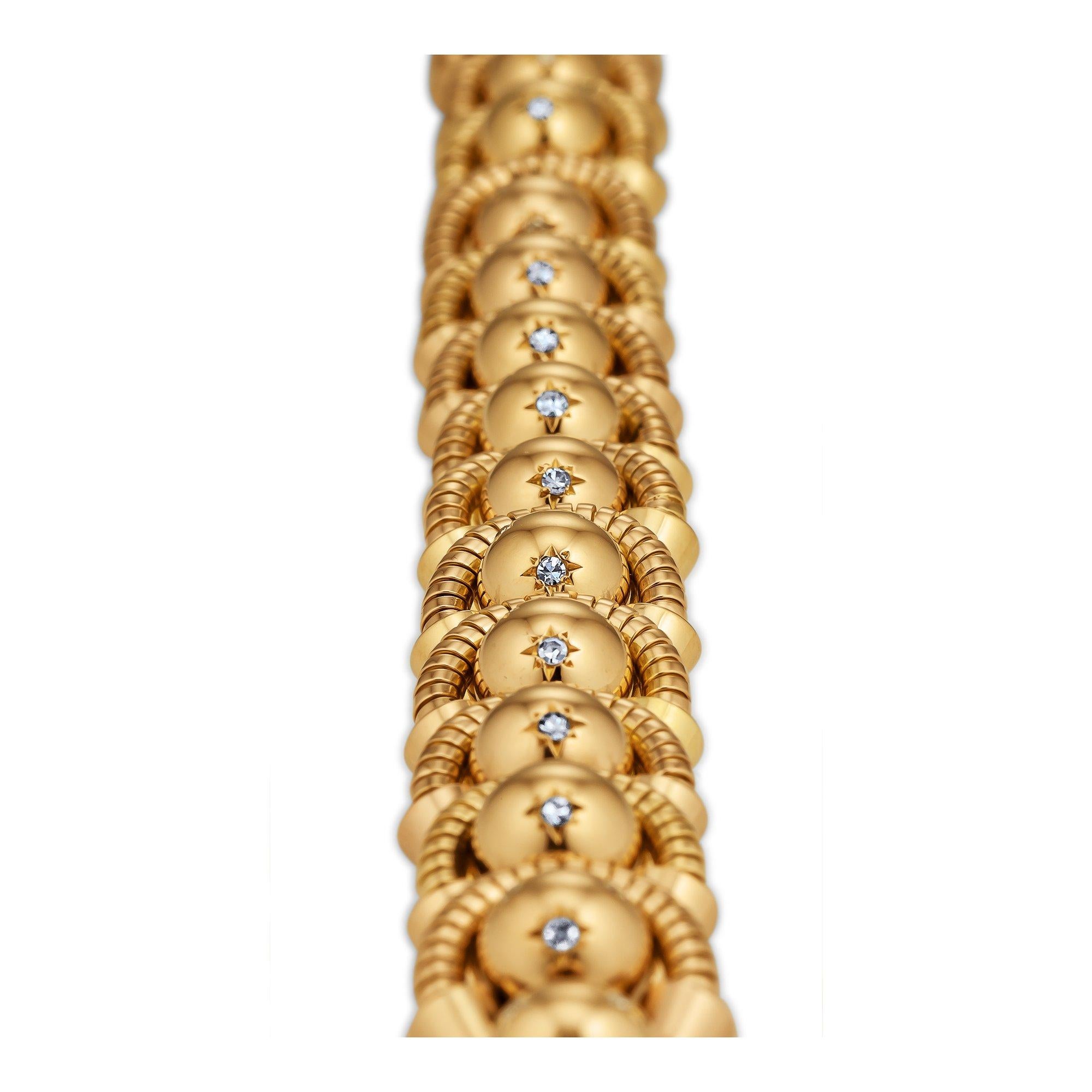 Retro Diamond Gold French 1930s Coil and Ball Bracelet For Sale