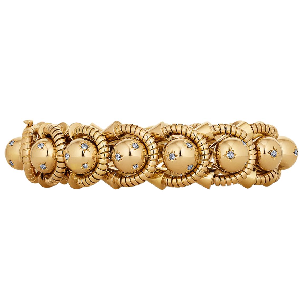 Diamond Gold French 1930s Coil and Ball Bracelet For Sale