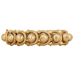 Diamond Gold French 1930s Coil and Ball Bracelet