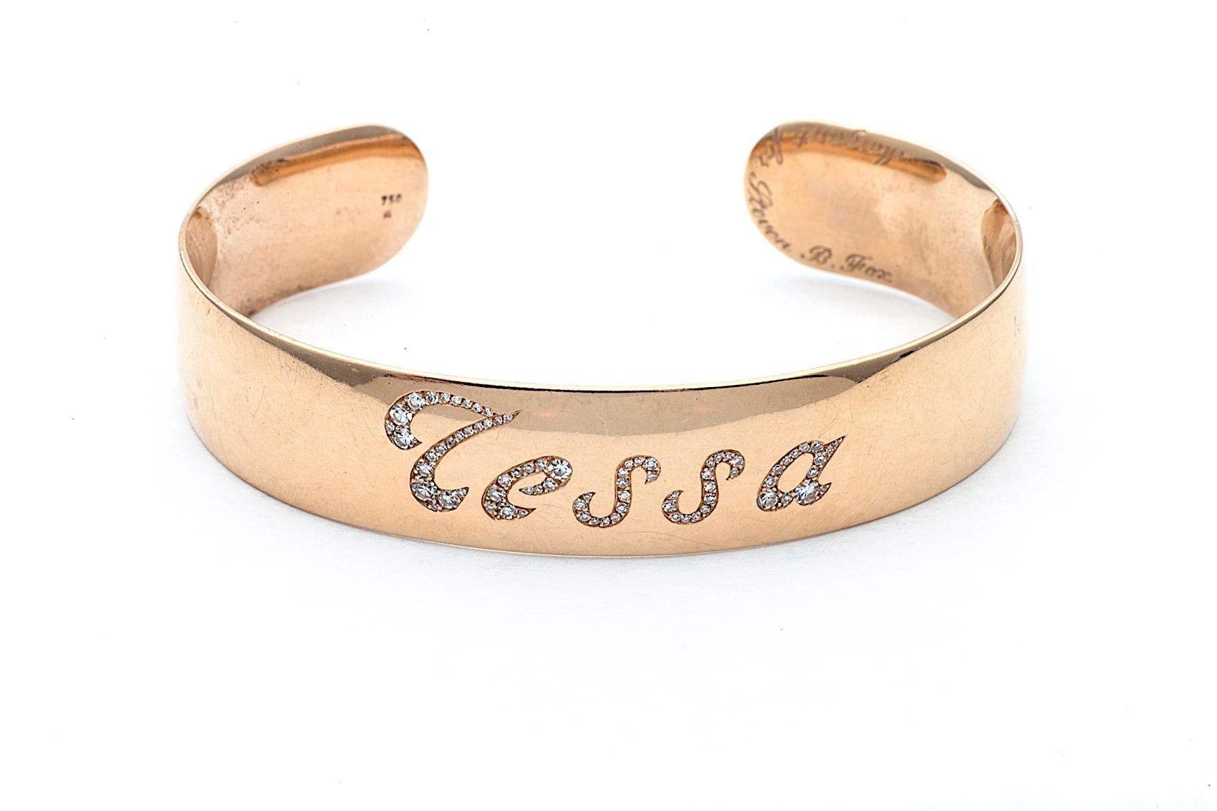 Diamonds are a girls best friend but so is her given name!  And what better way to combine the two than in this custom 18 karat rose gold cuff.  Give us a name or a special word and we will hand make, to size, this personalized bracelet using an