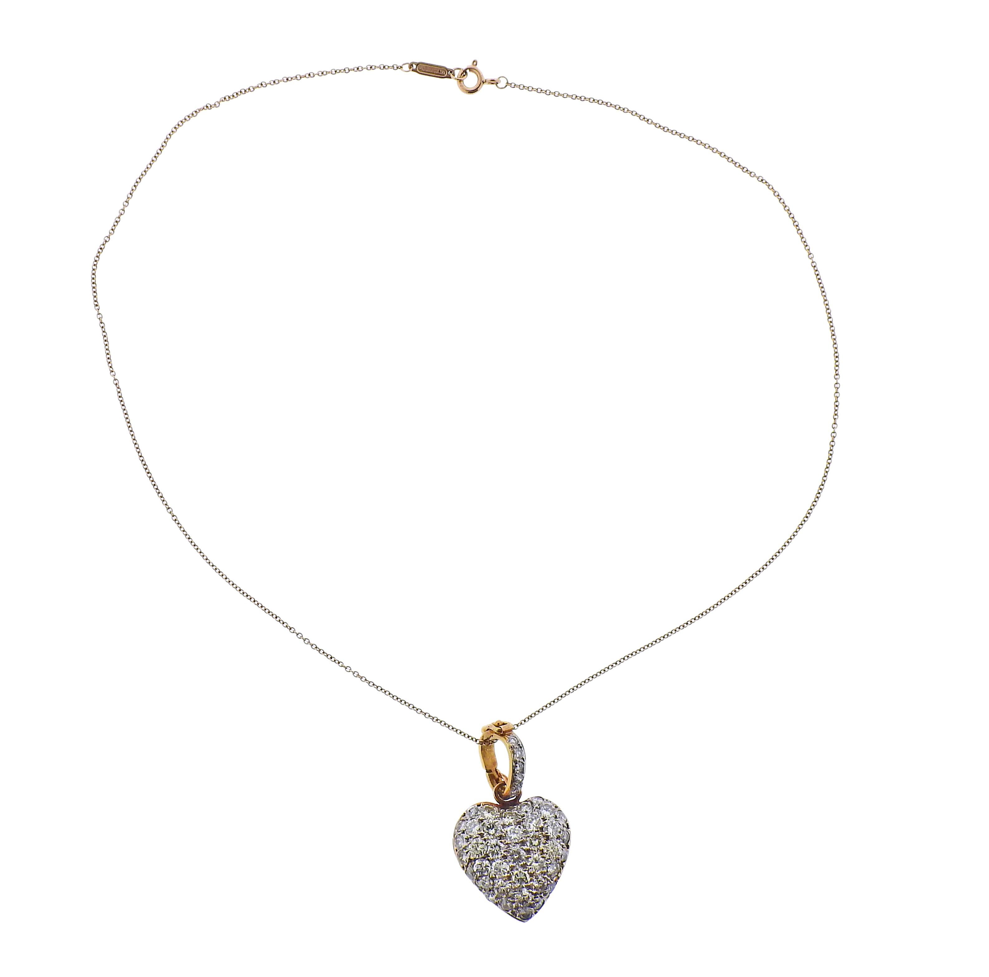 18k gold Tiffany & Co necklace chain, with a 18k gold heart pendant, set with approx. 3.80-4.00ctw in diamonds. Necklace is 16