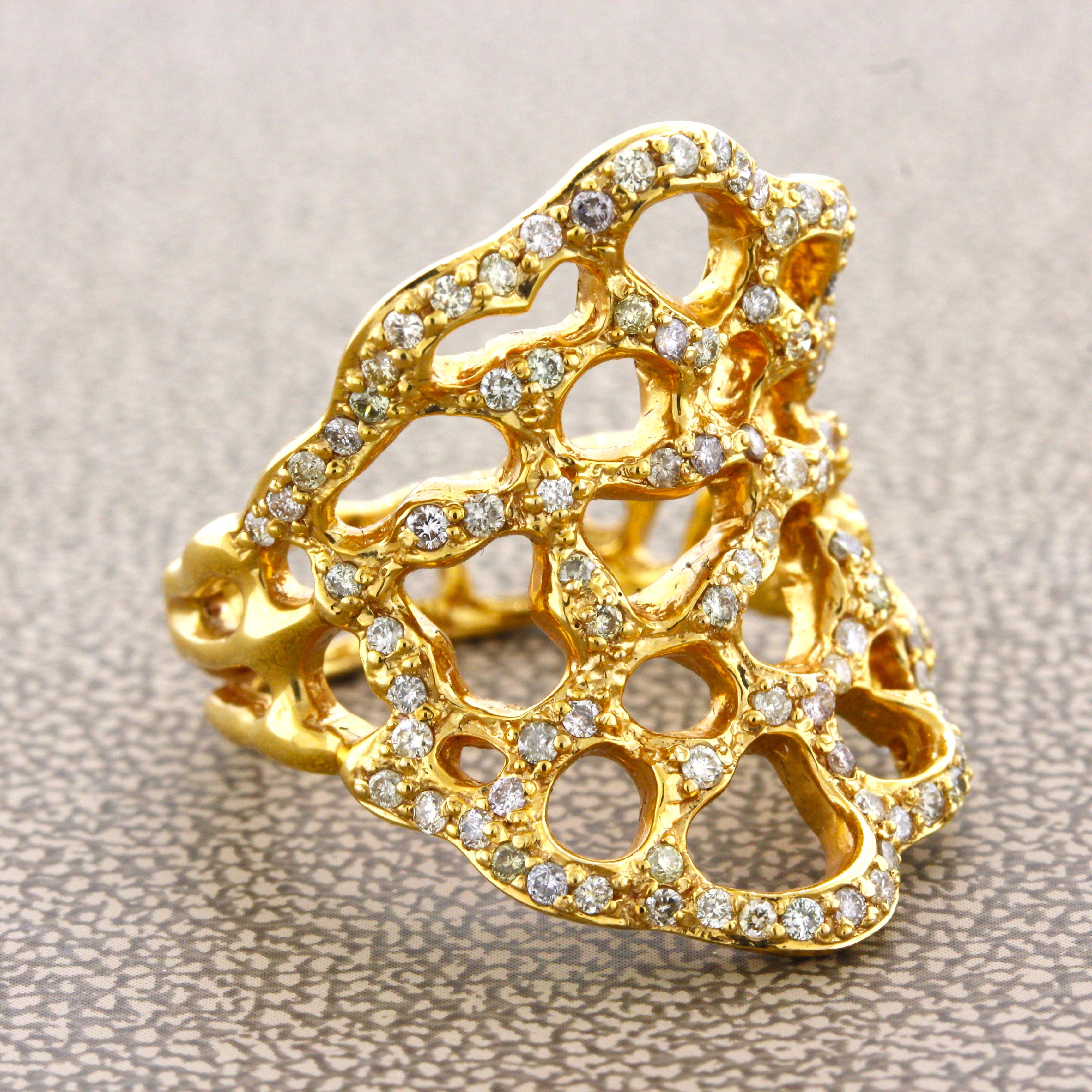 Gold Wabenförmiger Ring mit Diamanten (Brillantschliff)