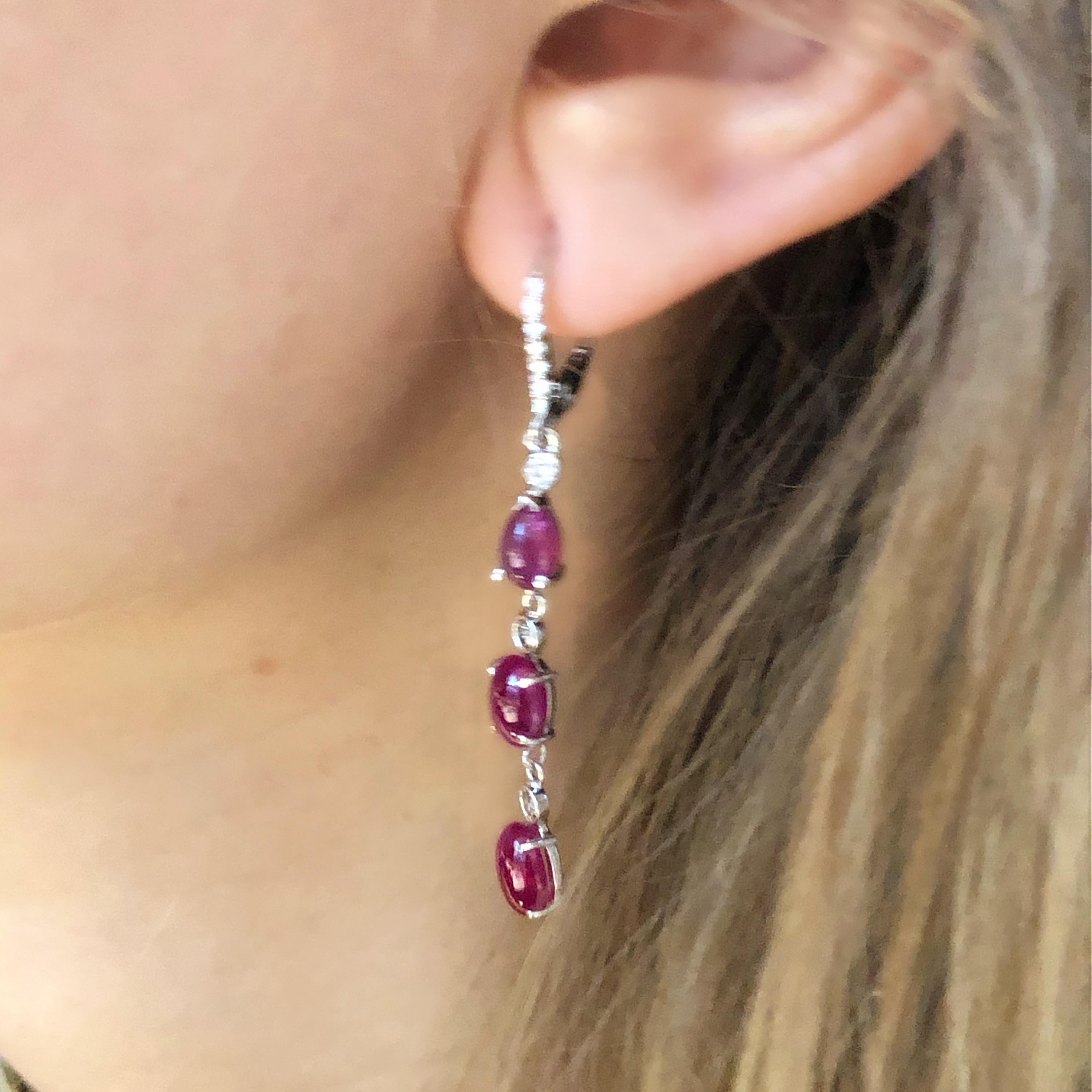 Oval Cut Diamond Gold Hoop Earrings with Burma Cabochon Ruby Weighing 8.27 Carat