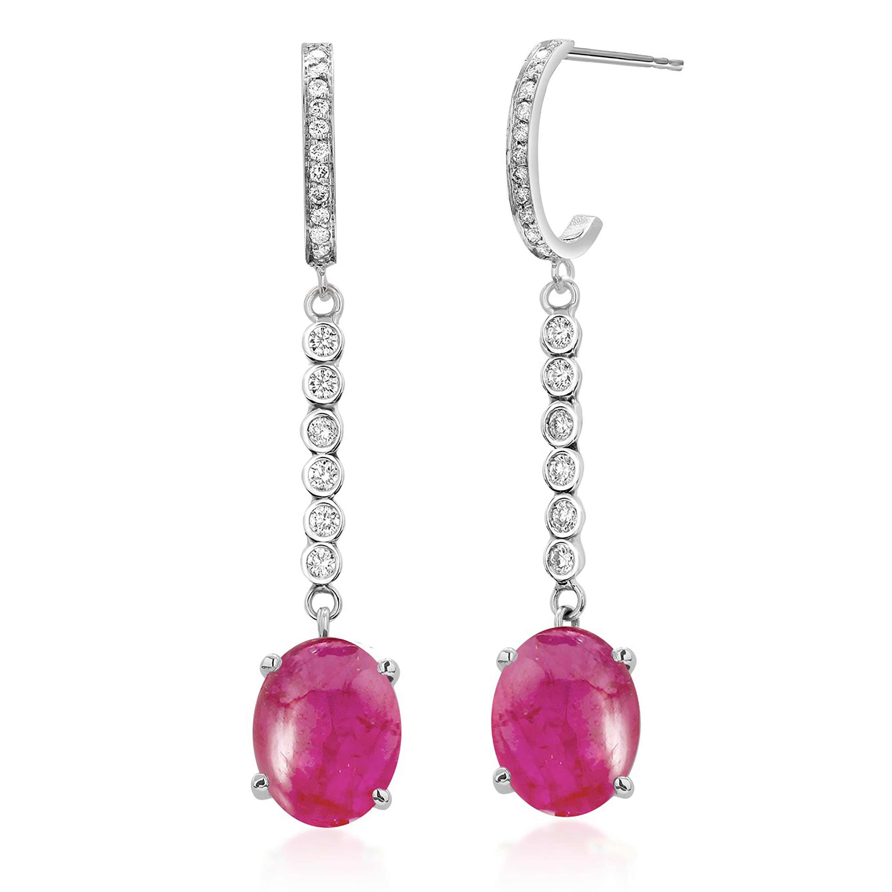 Two Burma Cabochon Ruby and Diamond Drop Gold Hoop Earrings In New Condition In New York, NY