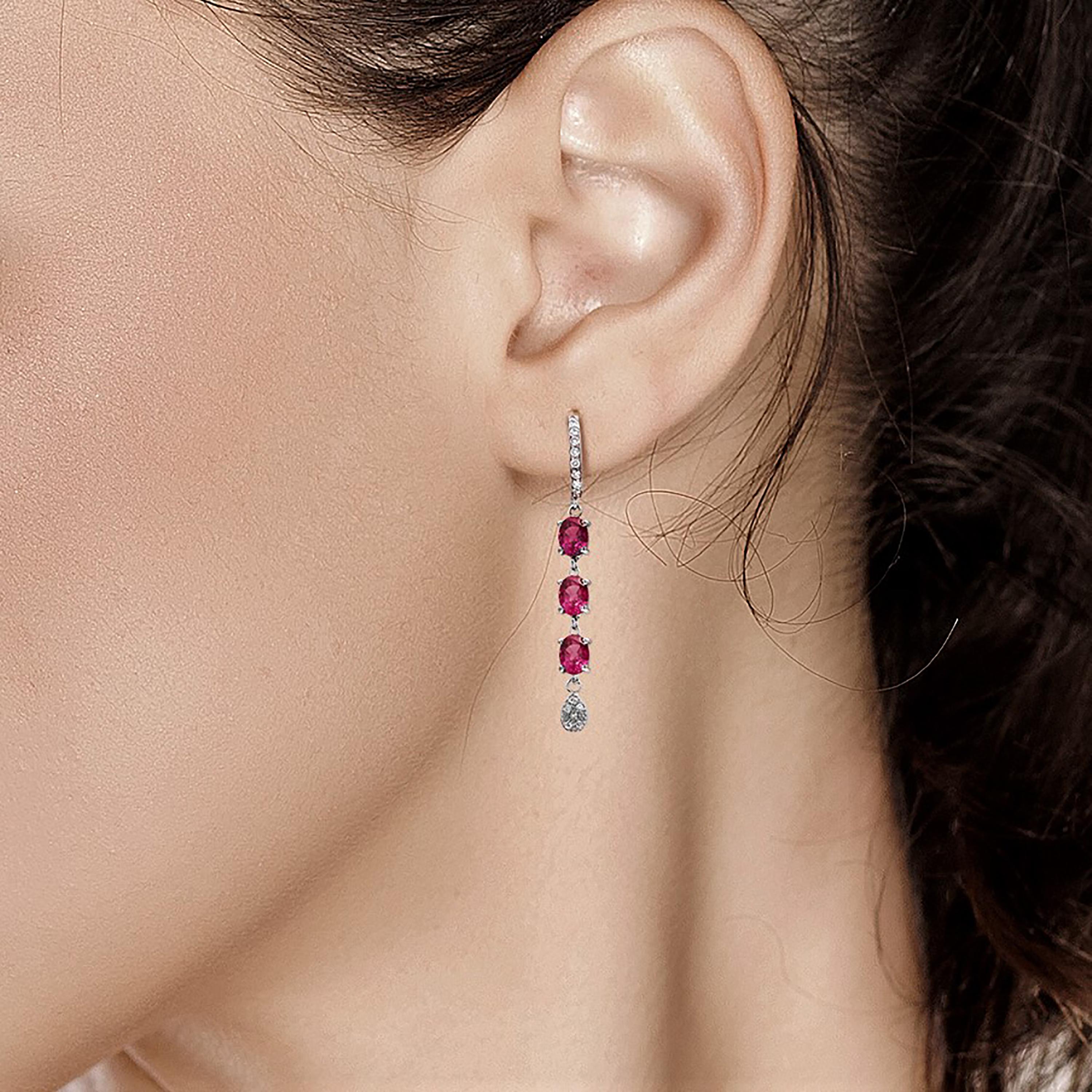 Contemporary Tripled Tiered Diamond and Six Burma Ruby White Gold Drop Hoop Earrings