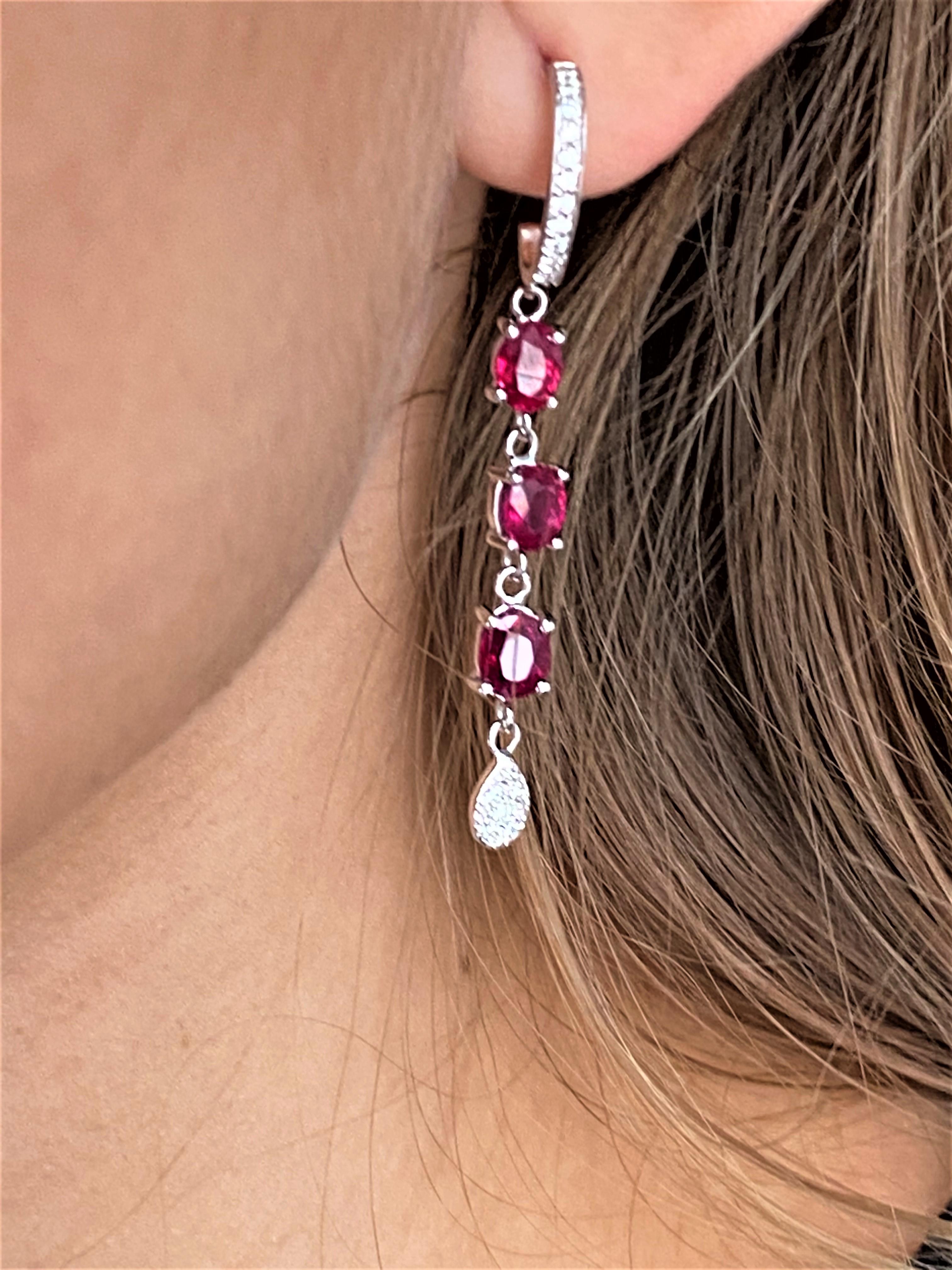 Tripled Tiered Diamond and Six Burma Ruby White Gold Drop Hoop Earrings In New Condition In New York, NY