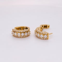 Diamond Gold Huggie Earrings in 14k Yellow Gold Triple Row of Diamond