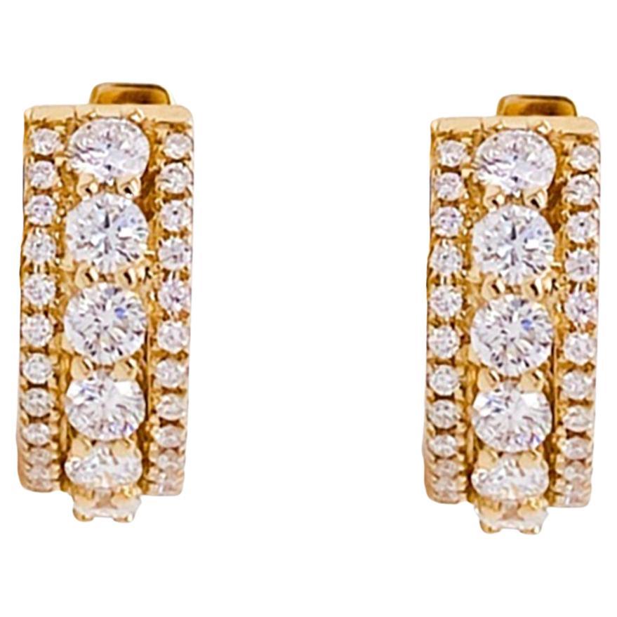 Diamond Gold Huggie Earrings in 14k Yellow Gold Triple Row of Diamond For Sale