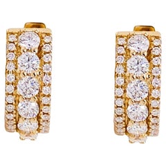 Diamond Gold Huggie Earrings in 14k Yellow Gold Triple Row of Diamond