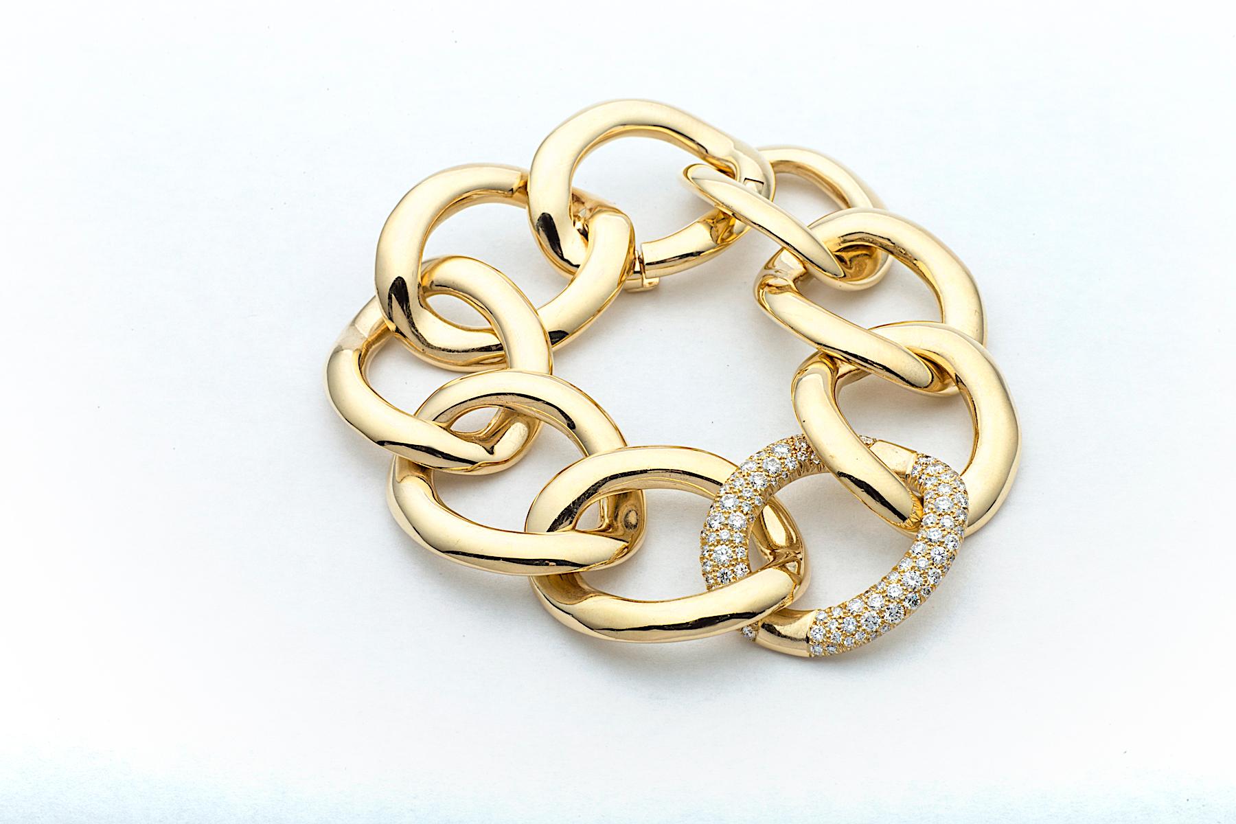 This is the ultimate link up!  Sheer perfection in its oversized link proportions and its ability to layer easily with other bracelets in your collection.  Designed and signed by Steven Fox, the handmade bracelet's weighty links are 18K yellow gold