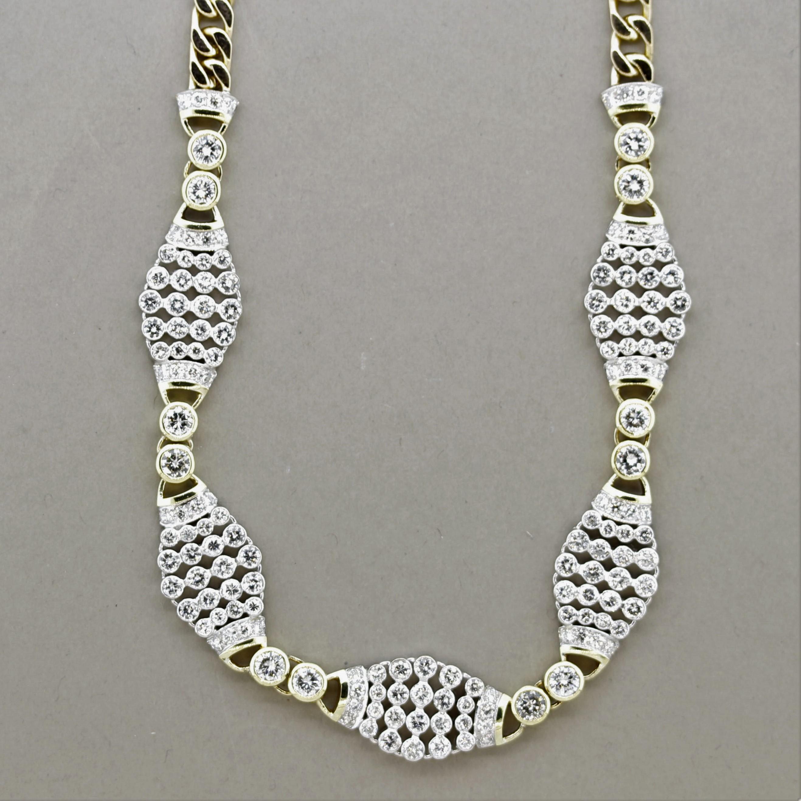 A unique and stylish choker necklace! It features 7.90 carats of large and fine round brilliant-cut diamonds which are bezel-set in stylish patterns around the necklace. It is finished in a cuban-link design that extends to the ends of the necklace.