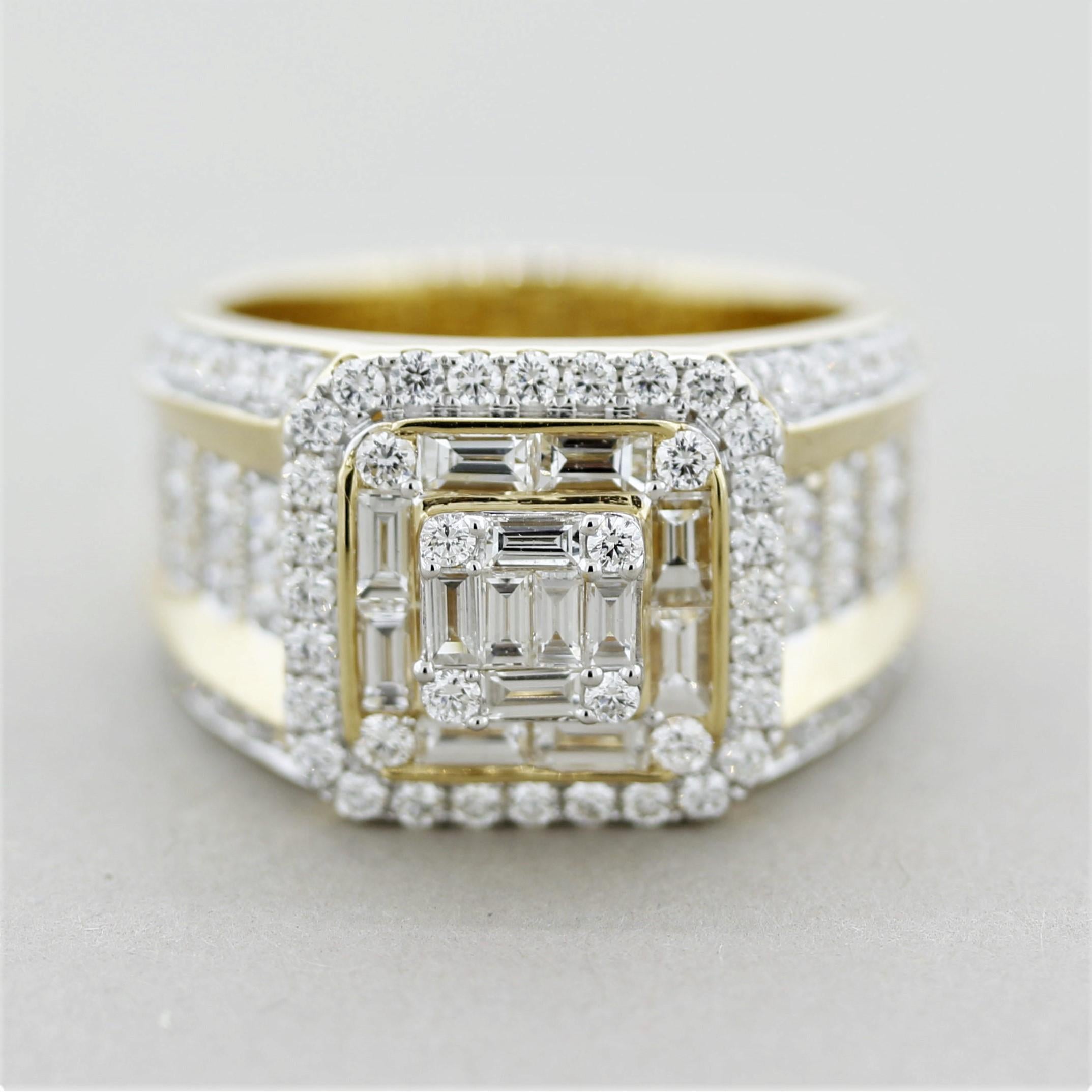 A bold ring featuring 2.65 carats of fine VS quality diamonds. They are set around the ring in a stylish pattern as well as cluster-set in the center of the ring with baguettes and round brilliant-cuts. Made in 18k yellow gold and ready to be