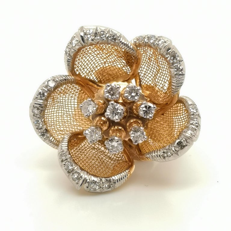 Diamond Gold Mesh Flower Ring at 1stDibs