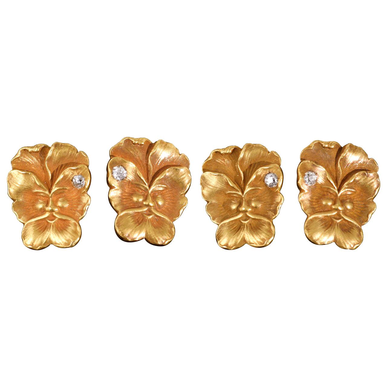 Art Nouveau Cufflinks in 14 Karat Gold with a Single Diamond, USA circa 1890 For Sale