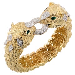 Diamond Gold Panther Bracelet with Interchangeable Emerald Bead Section