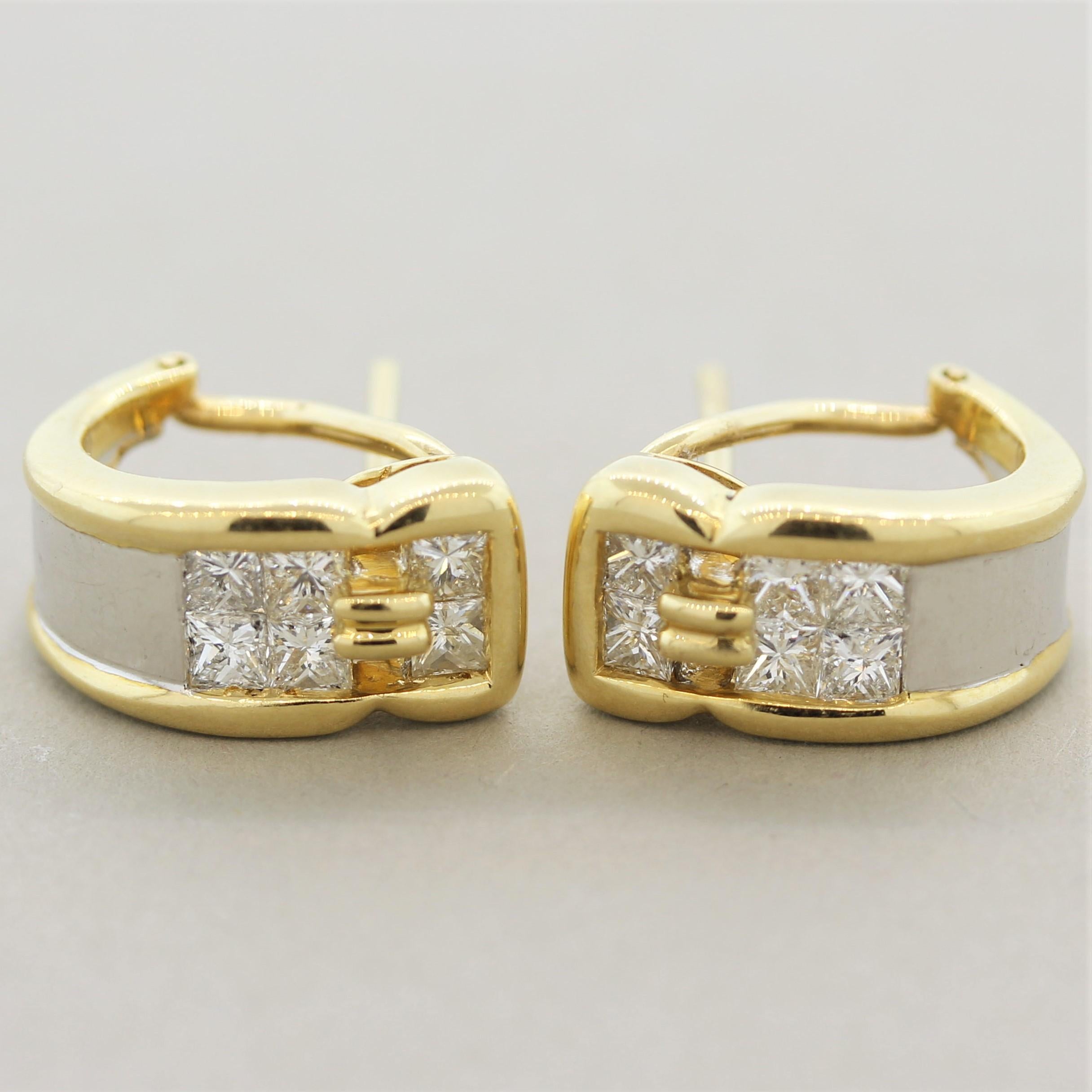 A sweet and stylish pair of huggie earrings. They feature a total of 1.42 carats of princess cut diamonds, 6 stones per earring. They are made in both 18k yellow gold as well as platinum for a two-tone look.

Length: 0.6 inches