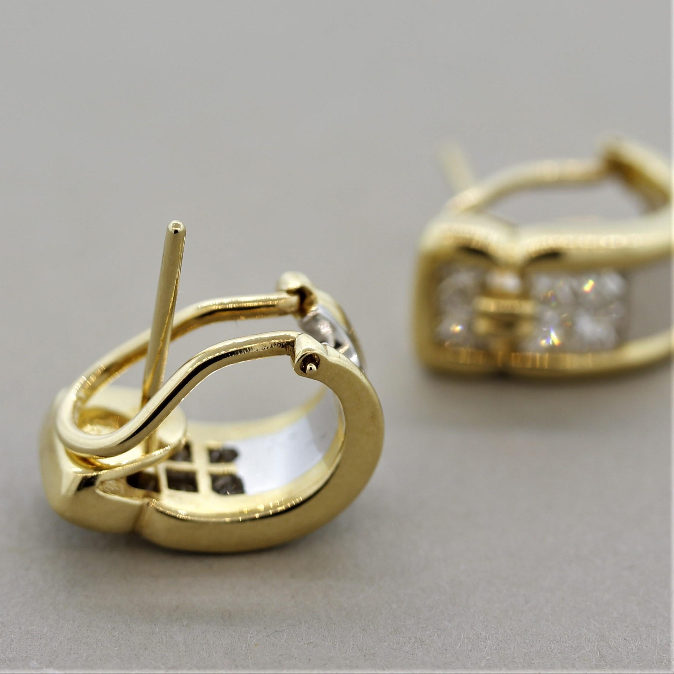 Princess Cut Diamond Gold and Platinum Huggie Earrings For Sale