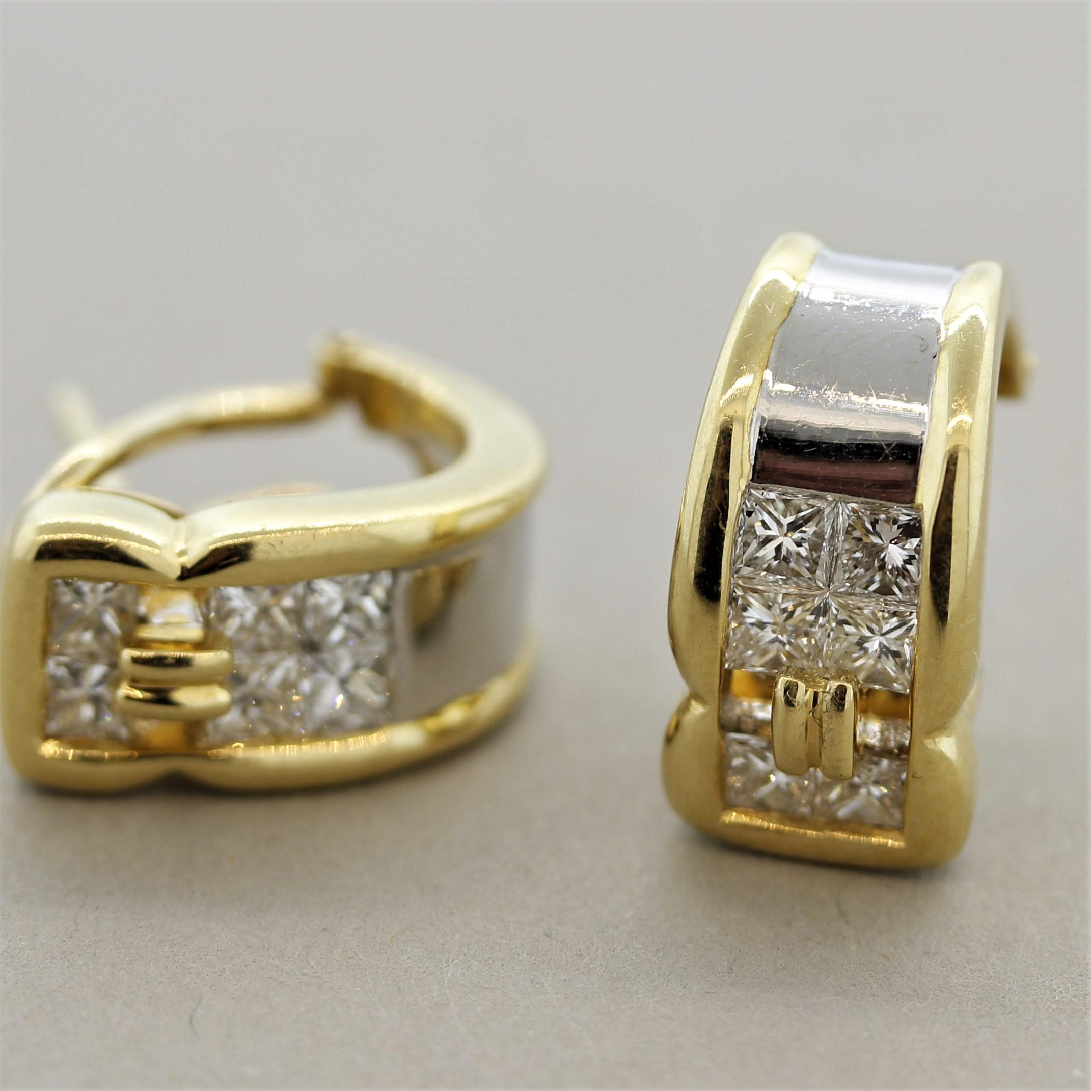 Diamond Gold and Platinum Huggie Earrings In New Condition For Sale In Beverly Hills, CA