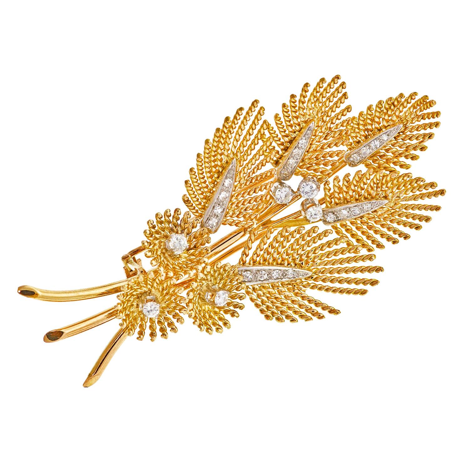 Diamond Gold Platinum Leaf Mid-Century Brooch For Sale