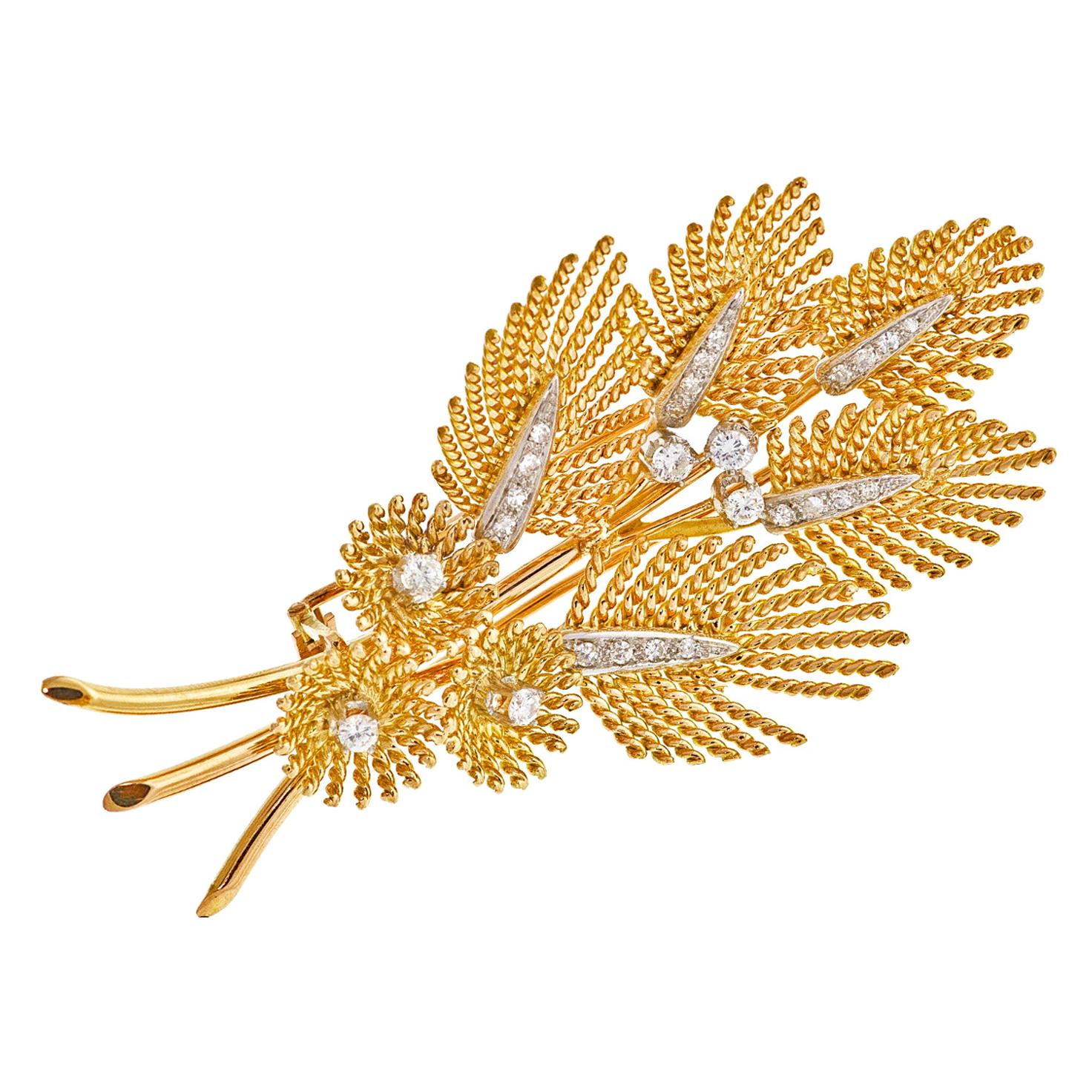 Diamond Gold Platinum Leaf Mid-Century Brooch