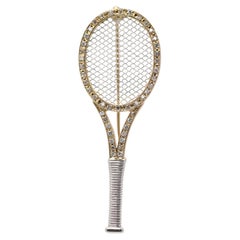 Diamond Gold & Platinum Two-Tone Tennis Racket Pin Brooch