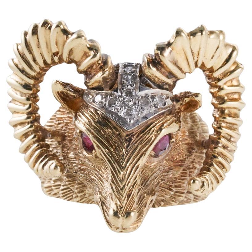 Diamond Gold Ram's Head Ring For Sale