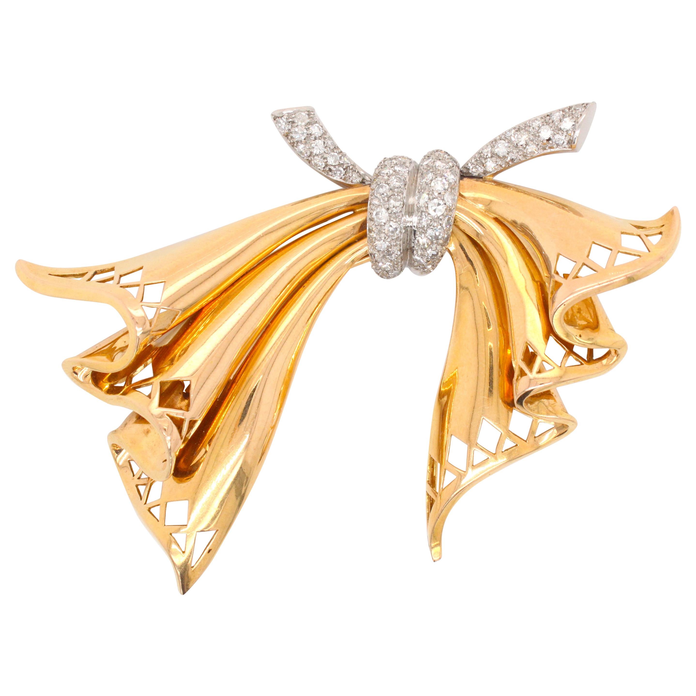 Diamond Gold Retro Bow Brooch, 1960s