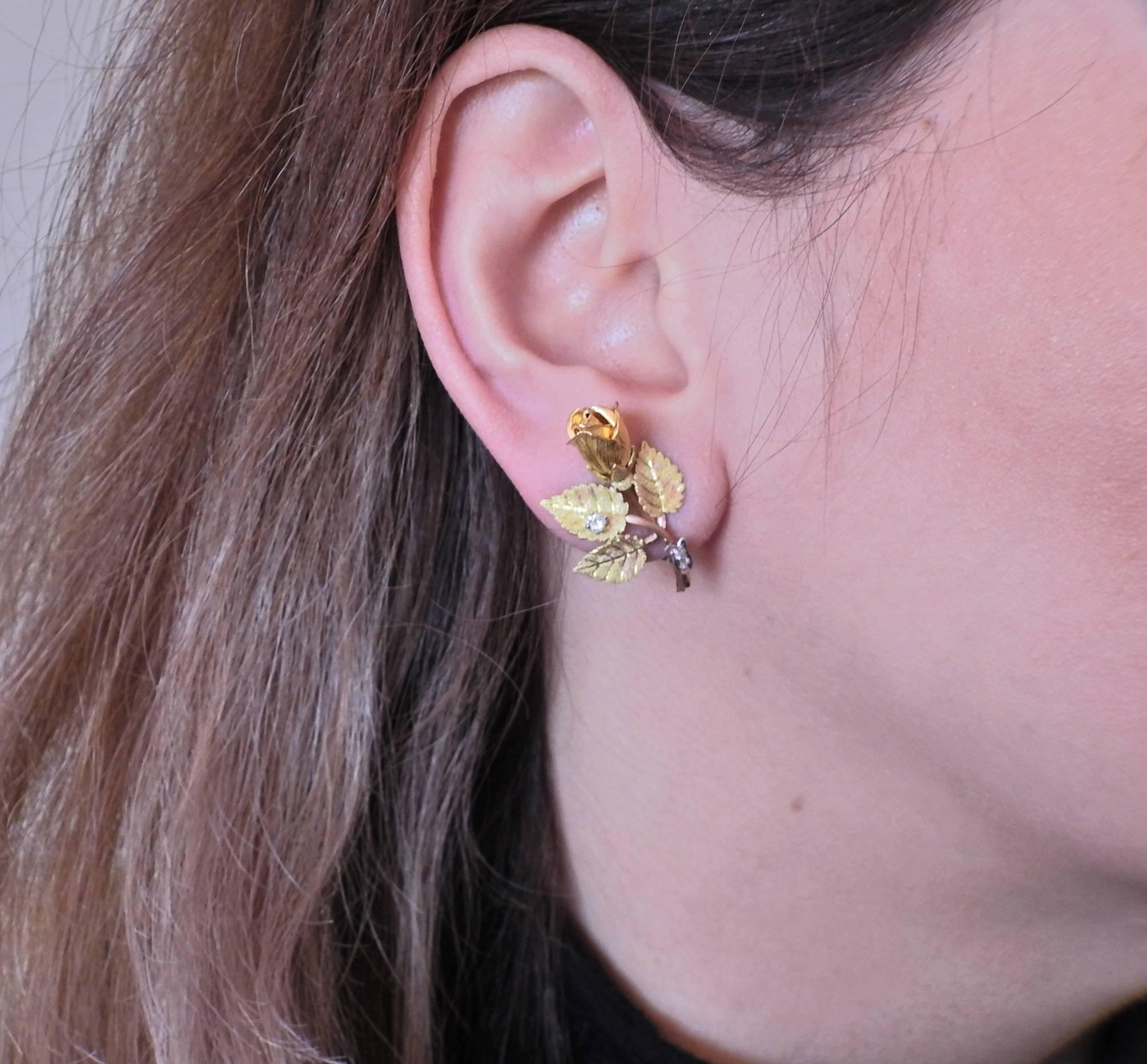 Women's or Men's Diamond Gold Rose Flower Earrings