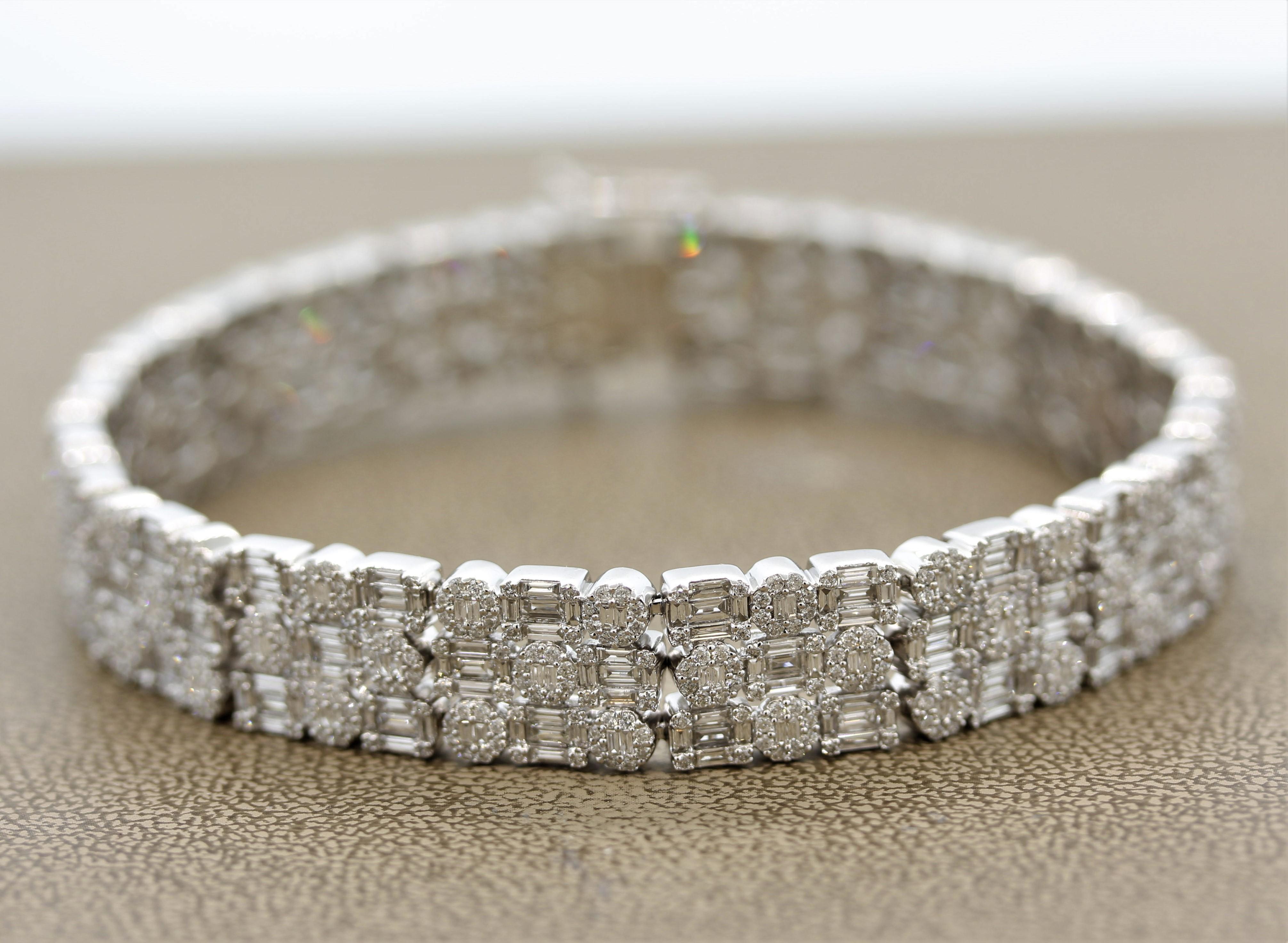 A stylish diamond bracelet. The piece features a total of 10.40 carats of round brilliant and baguette cut diamonds which are set to create a pattern of round and square shapes. Each round shape is made of 2 baguette cut diamonds haloed by rounds,