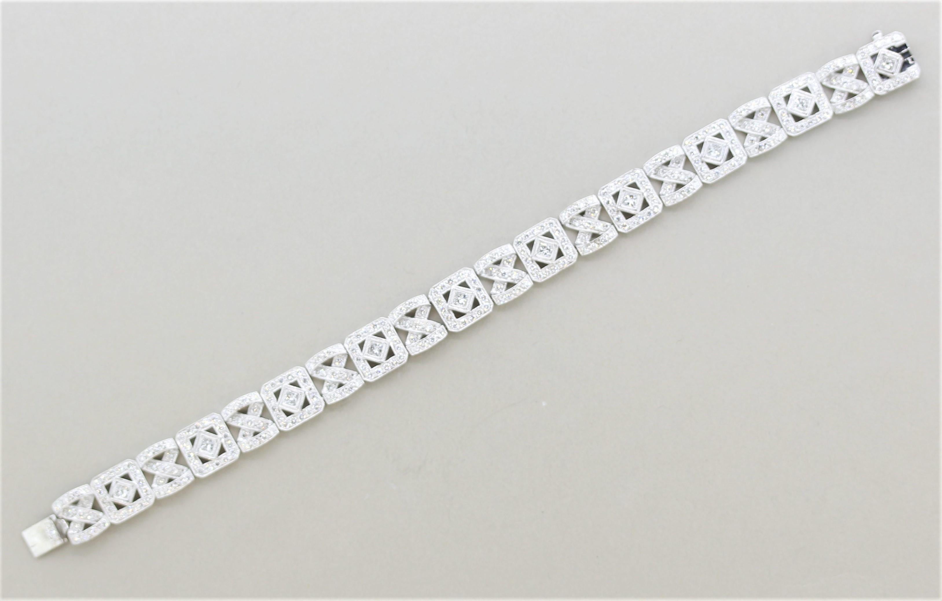A unique link bracelet featuring 376 carats of round brilliant and princess-cut diamonds. The round-cut diamonds are set around the 18k gold links while the larger princess-cut diamonds are set in the center of every-other link. Made in 18k white