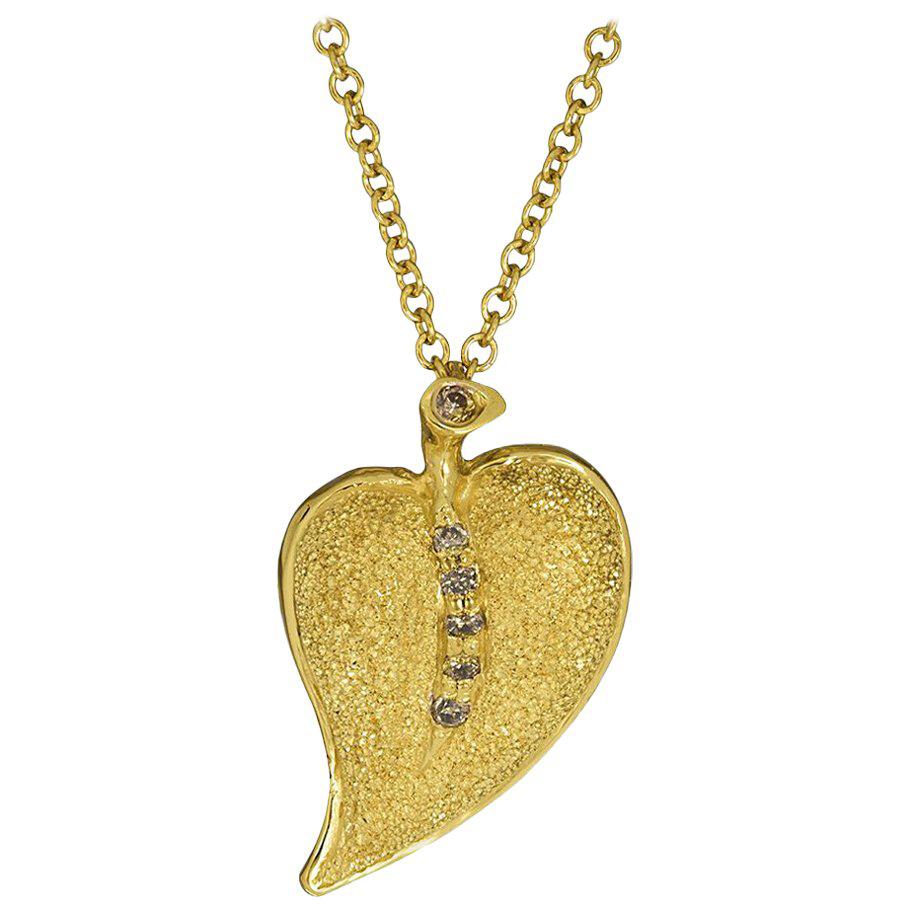 Diamond Gold Textured Leaf Pendant Necklace on Chain One of a Kind For Sale