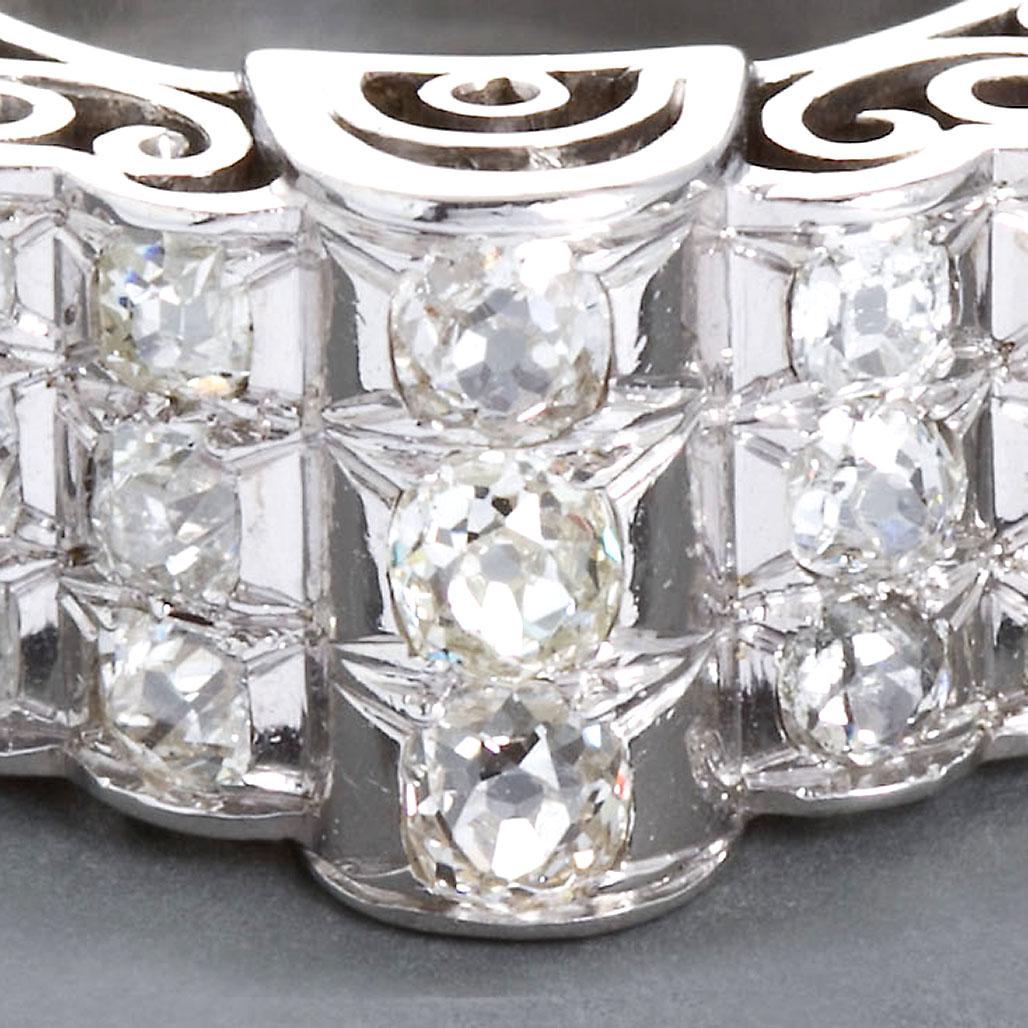 Old Mine Cut Diamond Gold Three Row Filigreed Motif Ring 1.80 Carats For Sale