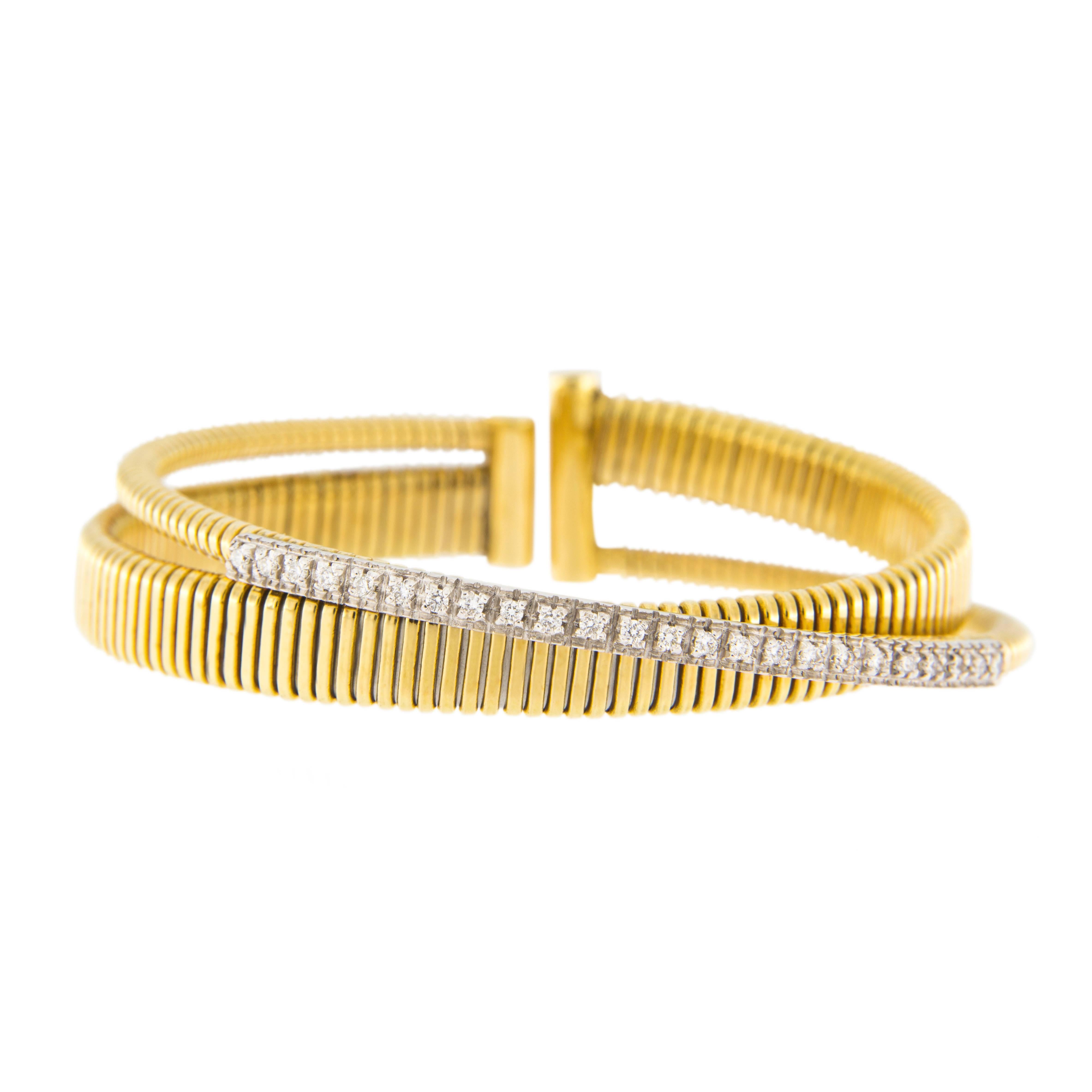 Round Cut Alex Jona White Diamond 18 Karat Yellow Gold Tubogas Bangle Bracelet