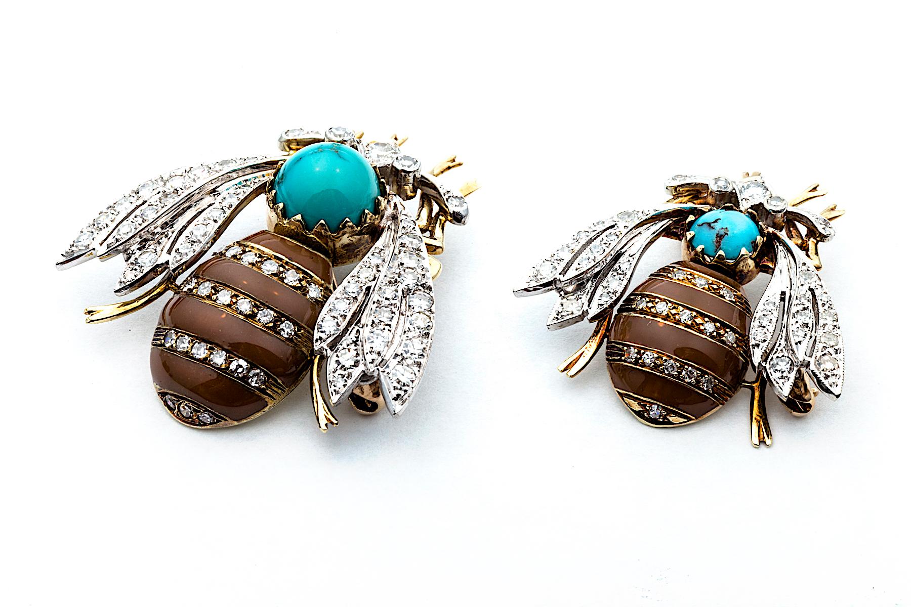 Contemporary Diamond Gold Turquoise Enamel Bee Brooches