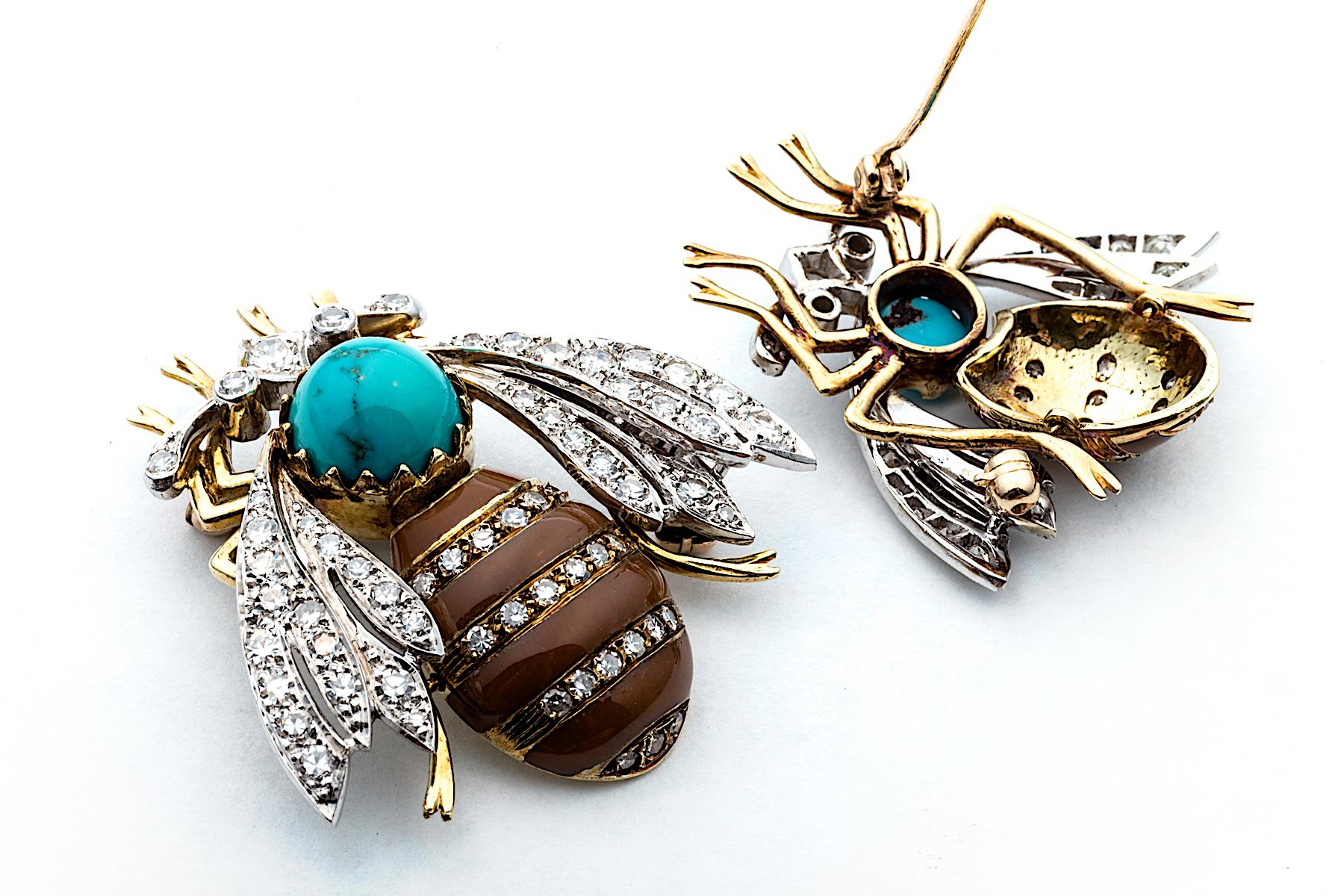 Round Cut Diamond Gold Turquoise Enamel Bee Brooches