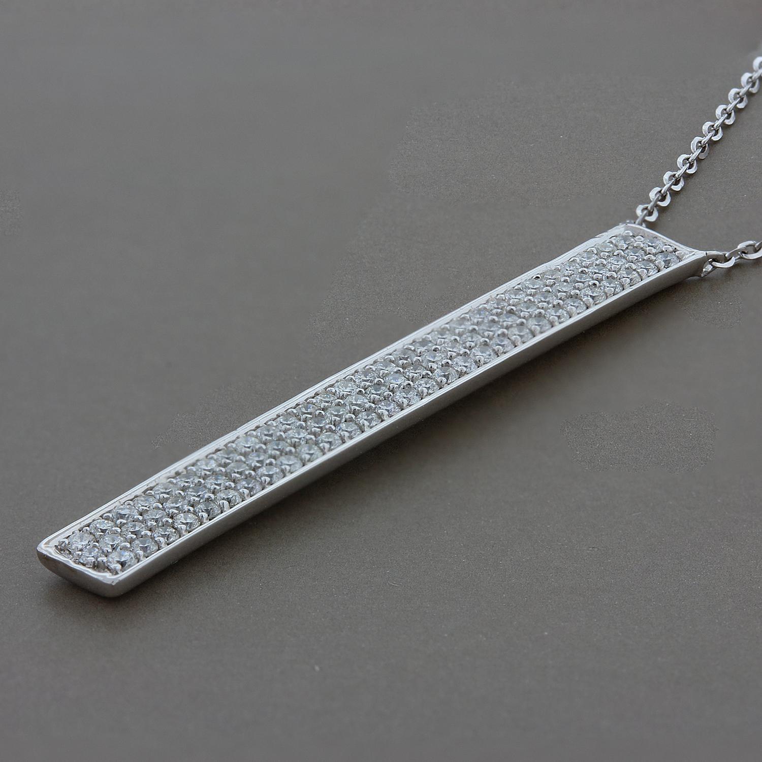 A contemporary everyday necklace featuring 0.54 carats of round cut diamonds studded on a vertical bar drop. Set in 14K white gold.

Chain Length: 18 inches with adjustable loops at 16 inches and 17 inches 

Bar Length: 1 7/16 inches

Bar Width: