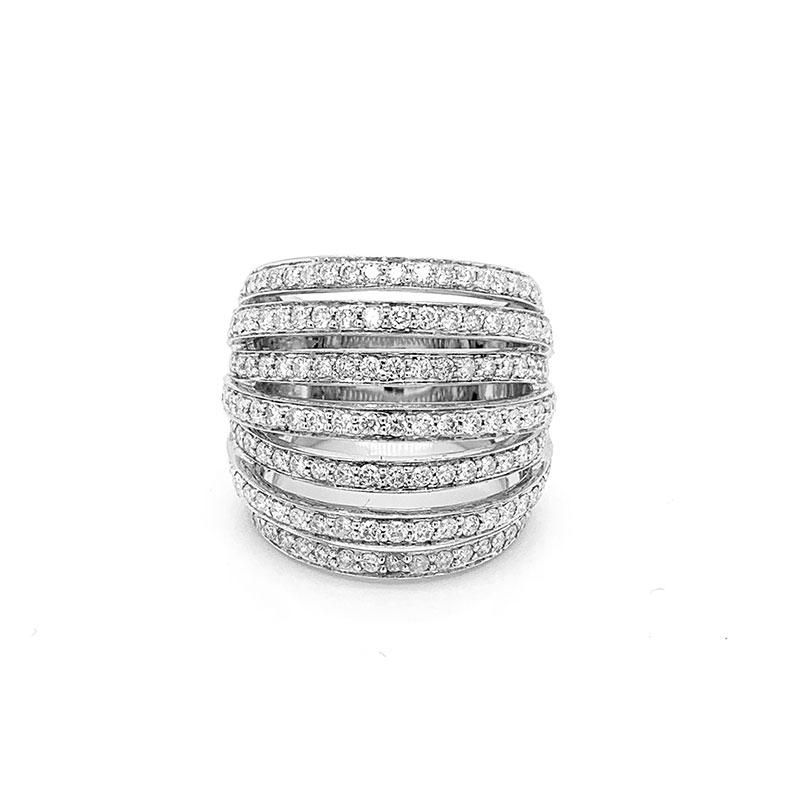 A fun cocktail ring that can be worn every day. It features 2.25 carats of round brilliant cut diamonds set in 18k white gold. There are 7 rows the cross over the ring to add luck to your day.

Ring Size 6.75
