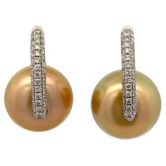 Diamond Golden Pearl 14 Karat Yellow Gold Modern Drop Earrings