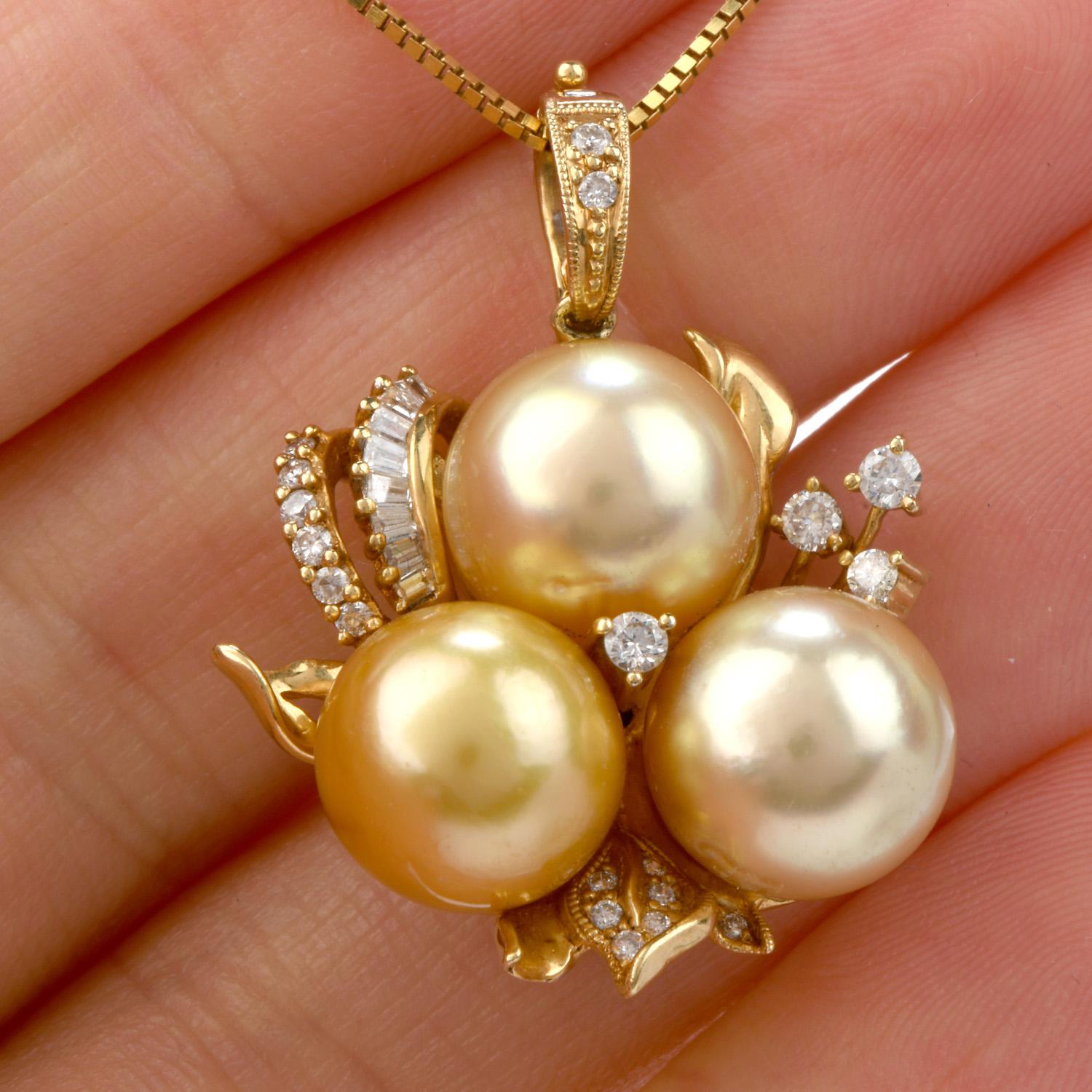 Round Cut Diamond Golden Southsea Diamond Pearl 14 Karat Gold Pendant Enhancer